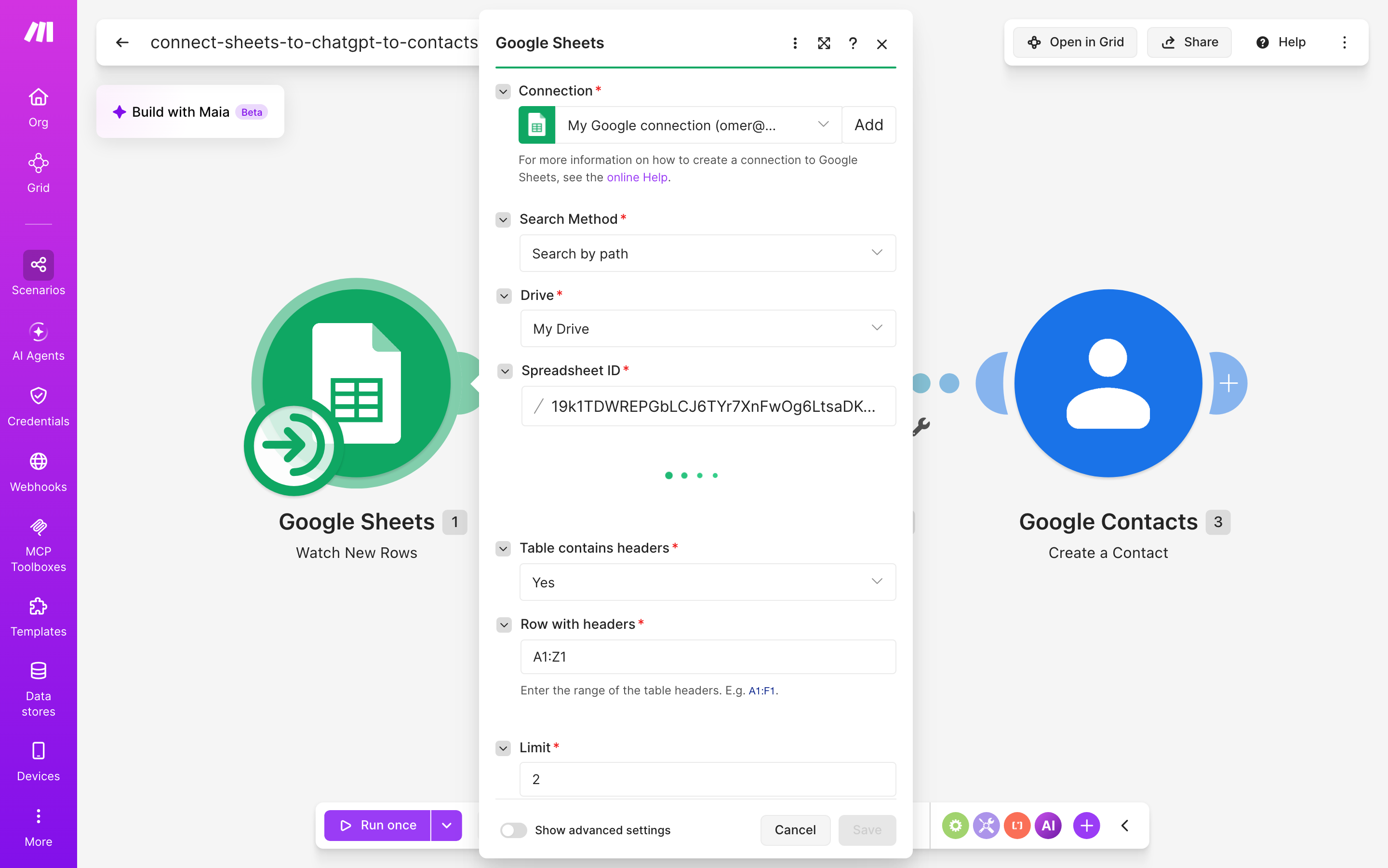 איך מחברים Google Sheets ל-contacts — שורה חדשה בגיליון → ChatGPT מנסח בעברית → נוצר איש-קשר 3 הגדרות המודול Google Sheets — Watch New Rows