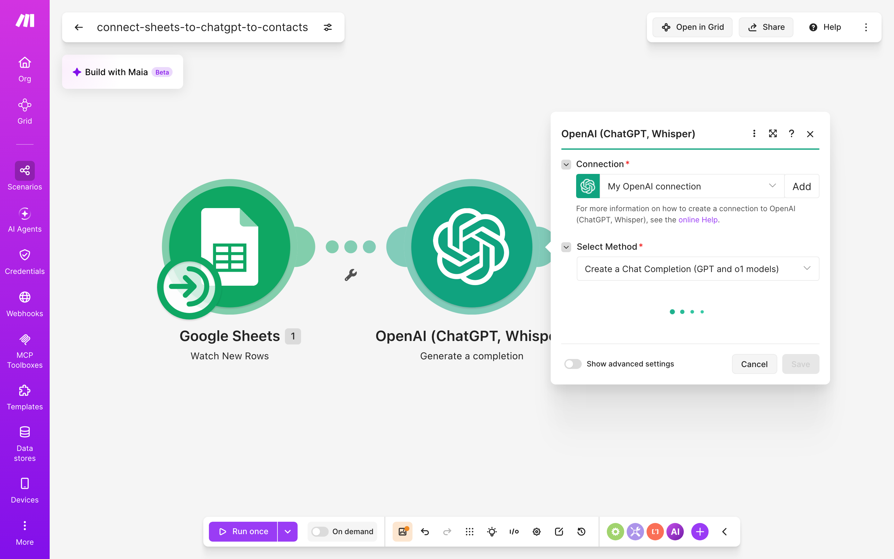 איך מחברים Google Sheets ל-contacts — שורה חדשה בגיליון → ChatGPT מנסח בעברית → נוצר איש-קשר 4 הגדרות המודול ChatGPT — Generate a completion