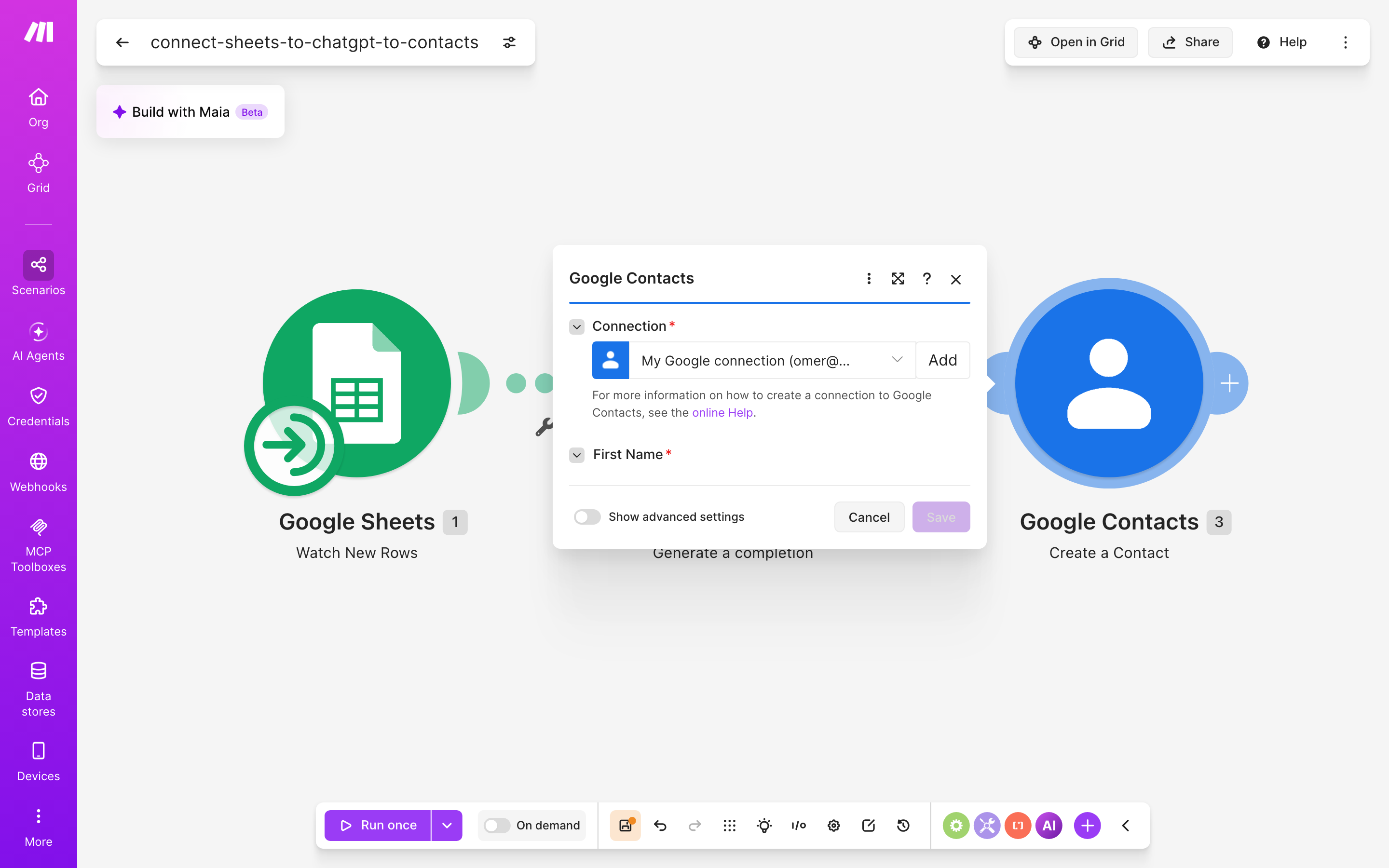 איך מחברים Google Sheets ל-contacts — שורה חדשה בגיליון → ChatGPT מנסח בעברית → נוצר איש-קשר 5 הגדרות המודול Google Contacts — Create a Contact