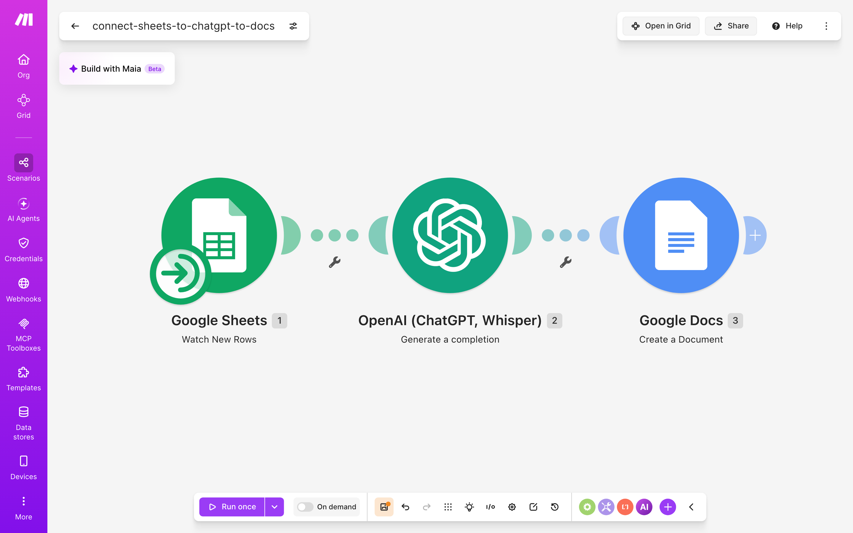 איך מחברים Google Sheets ל-Google Docs — שורה חדשה בגיליון → ChatGPT מנסח בעברית → נוצר מסמך מוכן 2 עורך התרחיש — Google Sheets (Watch New Rows) → ChatGPT (Generate a completion) → Google Docs (Create a Document)