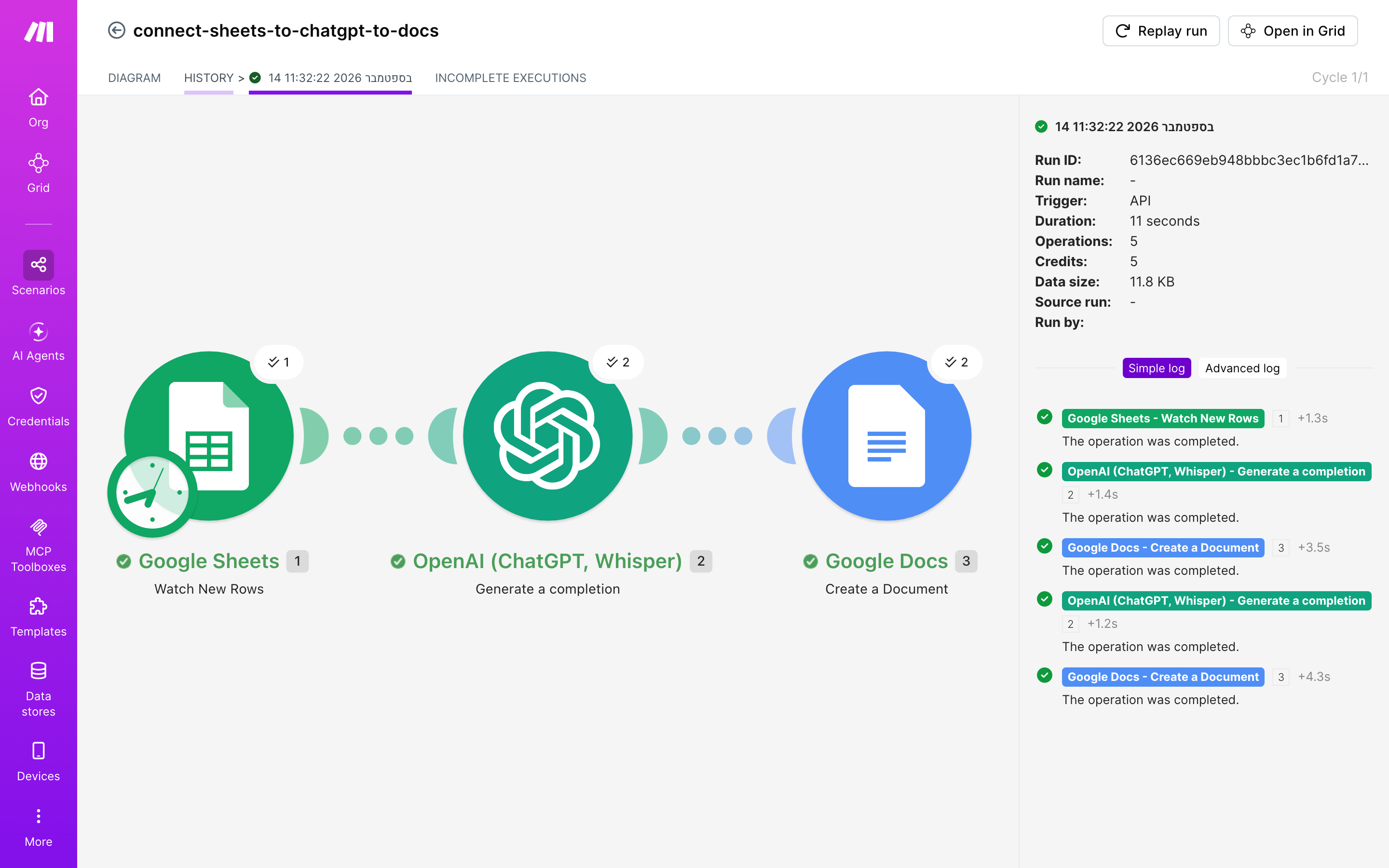 איך מחברים Google Sheets ל-Google Docs — שורה חדשה בגיליון → ChatGPT מנסח בעברית → נוצר מסמך מוכן 6 היסטוריית-הריצות: ריצה ירוקה, 5 פעולות, 14.9.2026