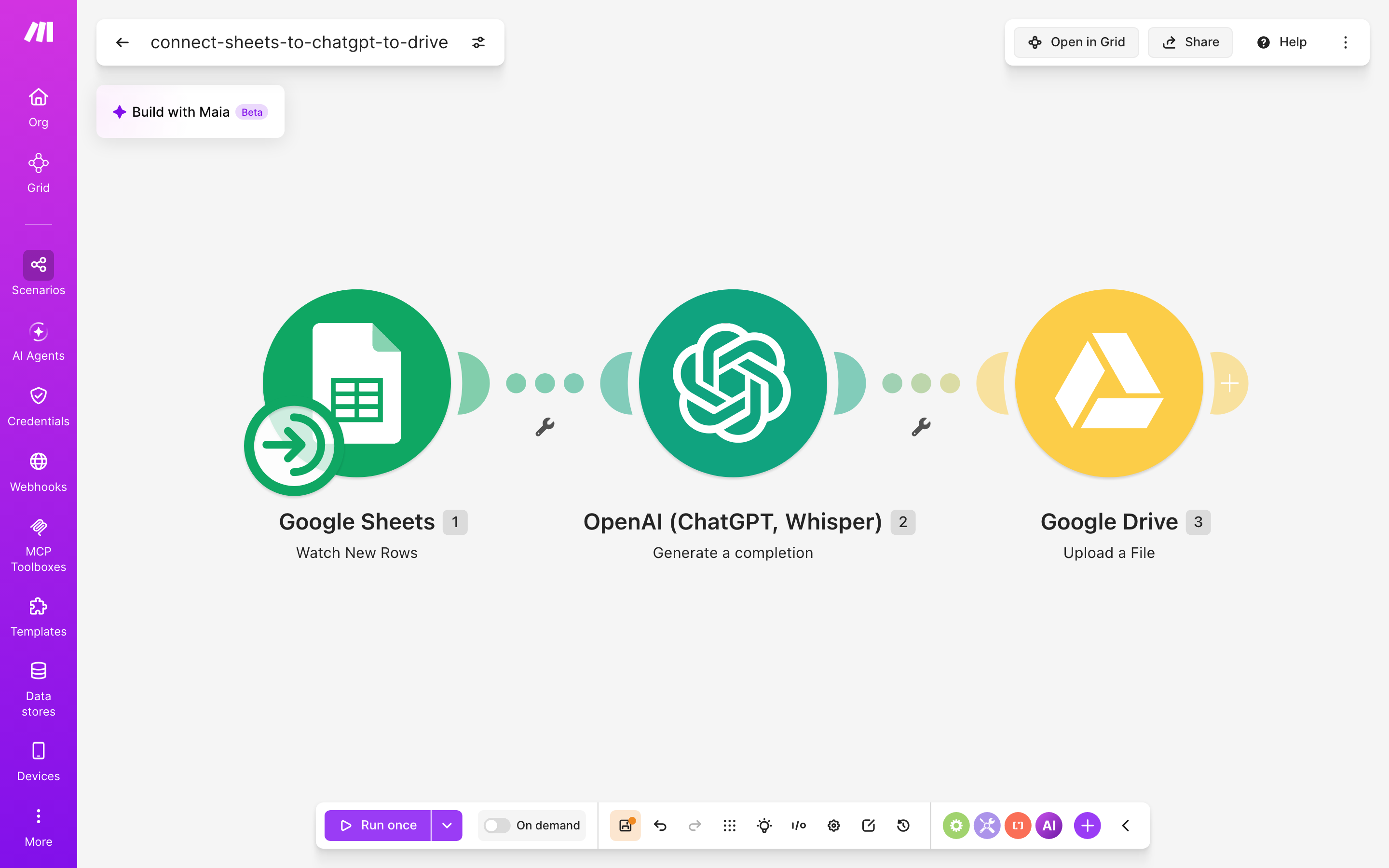 עורך התרחיש — Google Sheets (Watch New Rows) → ChatGPT (Generate a completion) → Google Drive (Upload a File)
