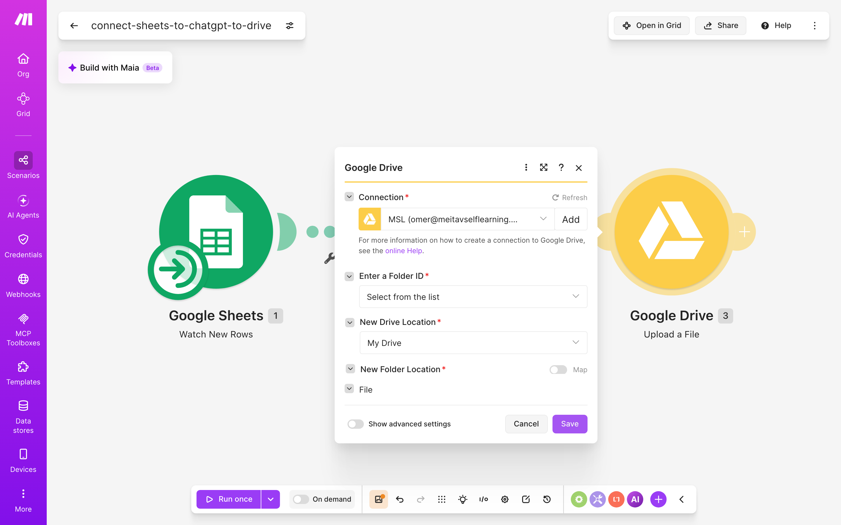 איך מחברים Google Sheets ל-Google Drive — שורה חדשה בגיליון → ChatGPT מנסח בעברית → הקובץ נשמר בתיקייה 5 הגדרות המודול Google Drive — Upload a File