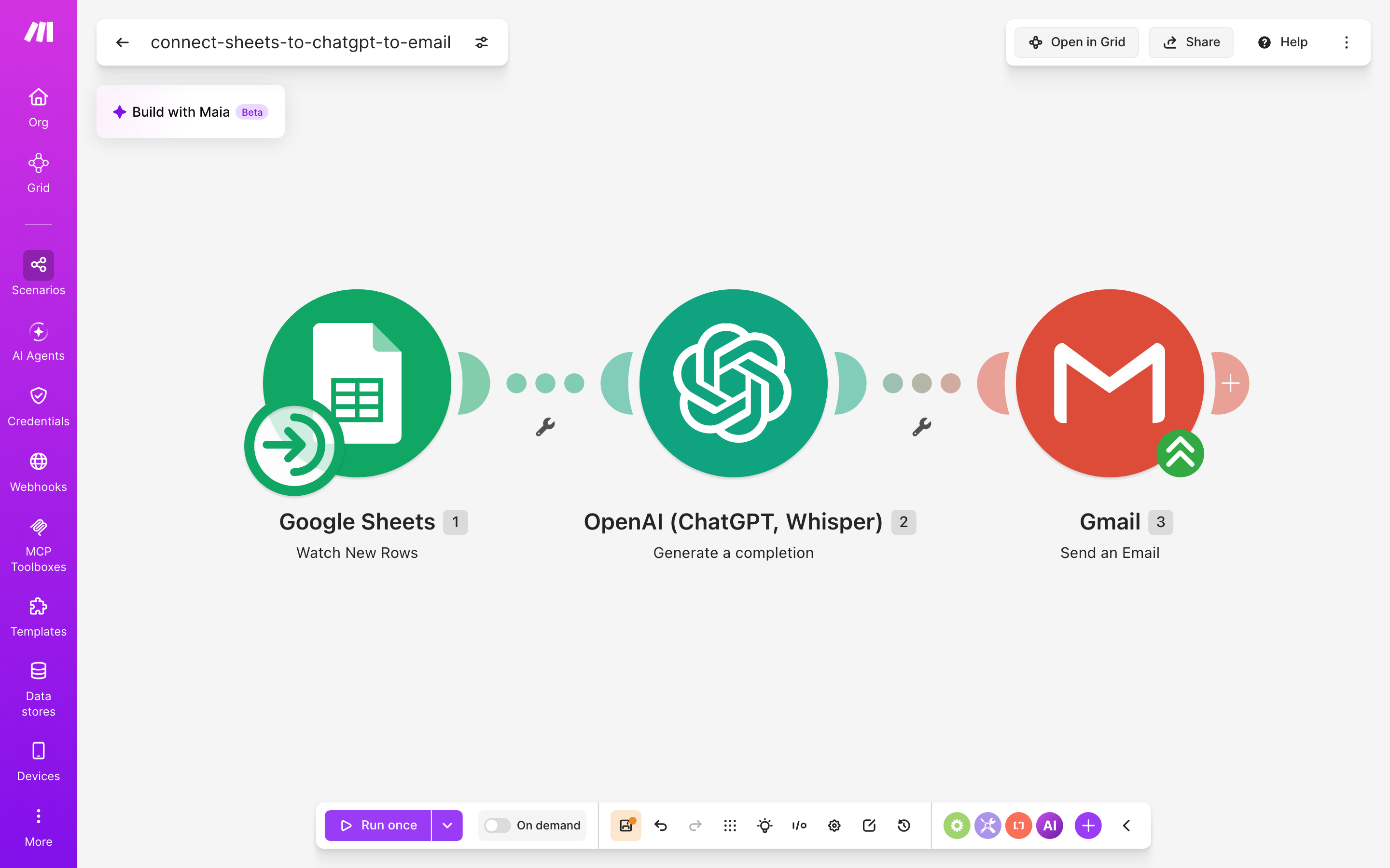 איך מחברים Google Sheets ל-Gmail — שורה חדשה בגיליון → ChatGPT מנסח בעברית → נשלח מייל 2 עורך התרחיש — Google Sheets (Watch New Rows) → ChatGPT (Generate a completion) → Gmail (Send an Email)