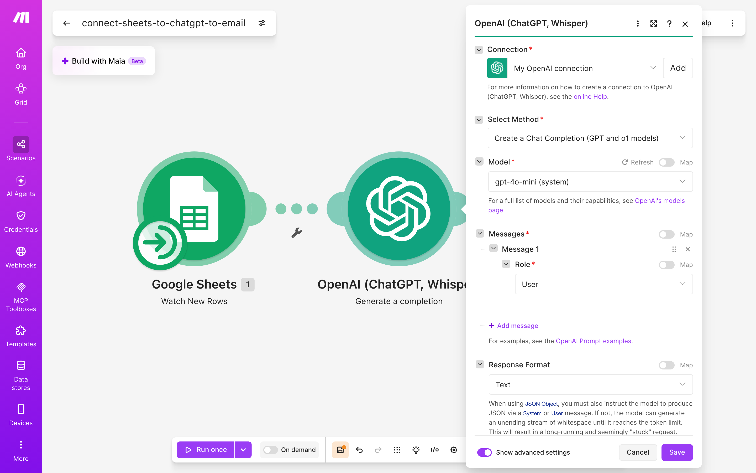 איך מחברים Google Sheets ל-Gmail — שורה חדשה בגיליון → ChatGPT מנסח בעברית → נשלח מייל 4 הגדרות המודול ChatGPT — Generate a completion