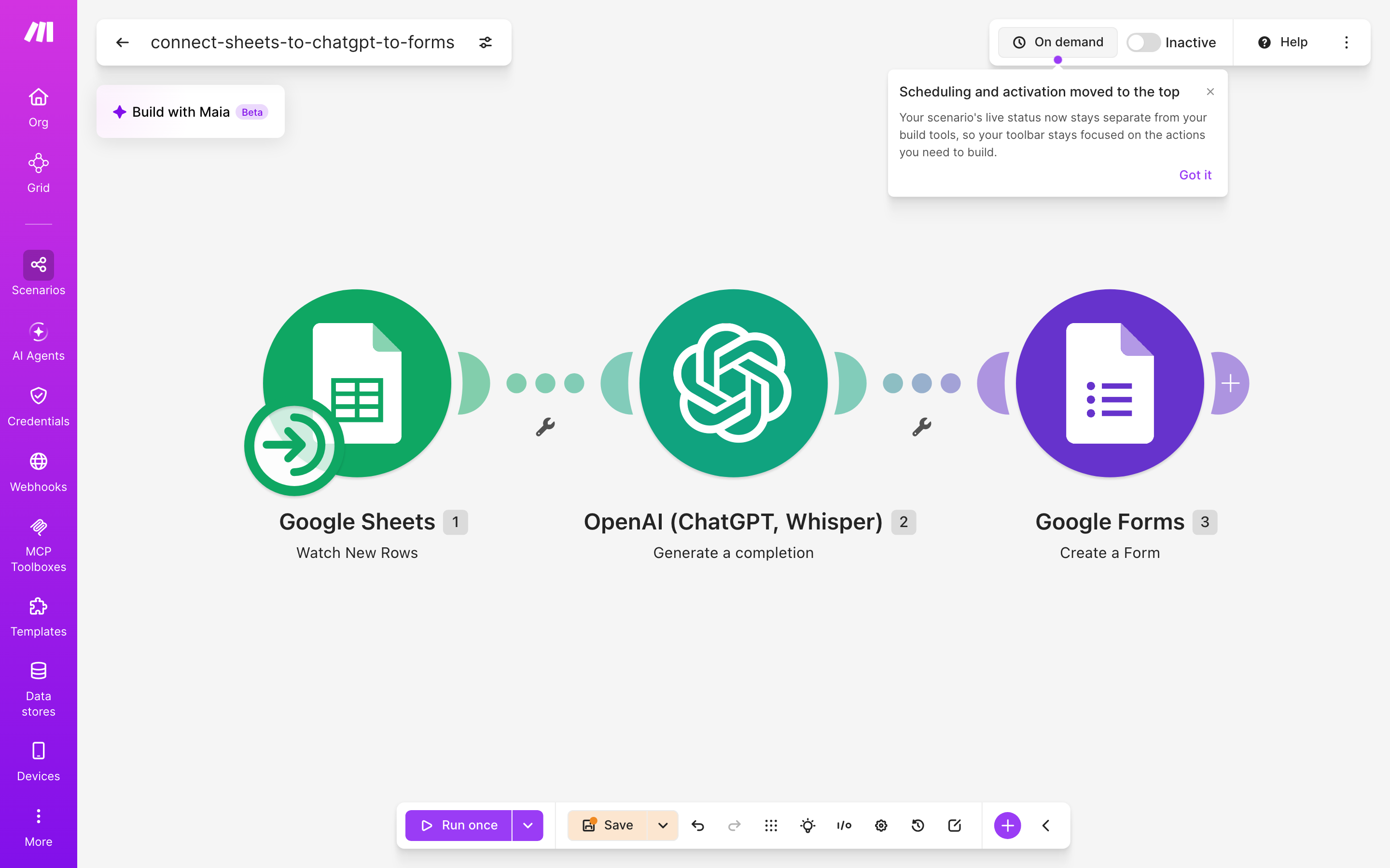 איך מחברים Google Sheets ל-Google Forms — שורה חדשה בגיליון → ChatGPT מנסח בעברית → נוצר או עודכן טופס 2 עורך התרחיש — Google Sheets (Watch New Rows) → ChatGPT (Generate a completion) → google-forms (Create Form)