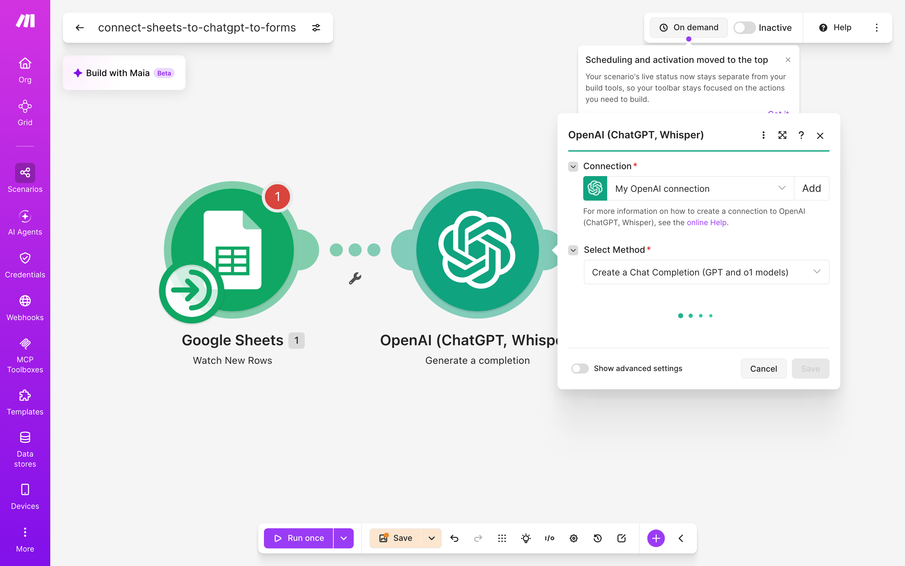 איך מחברים Google Sheets ל-Google Forms — שורה חדשה בגיליון → ChatGPT מנסח בעברית → נוצר או עודכן טופס 4 הגדרות המודול ChatGPT — Generate a completion
