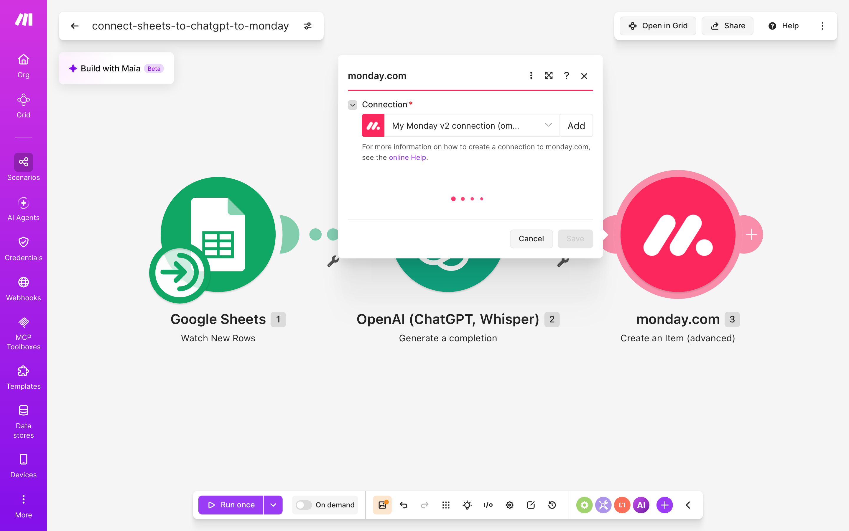 איך מחברים Google Sheets ל-monday.com — שורה חדשה בגיליון → ChatGPT מנסח בעברית → נוצר פריט בלוח 5 הגדרות המודול monday.com — Create an Item (advanced)