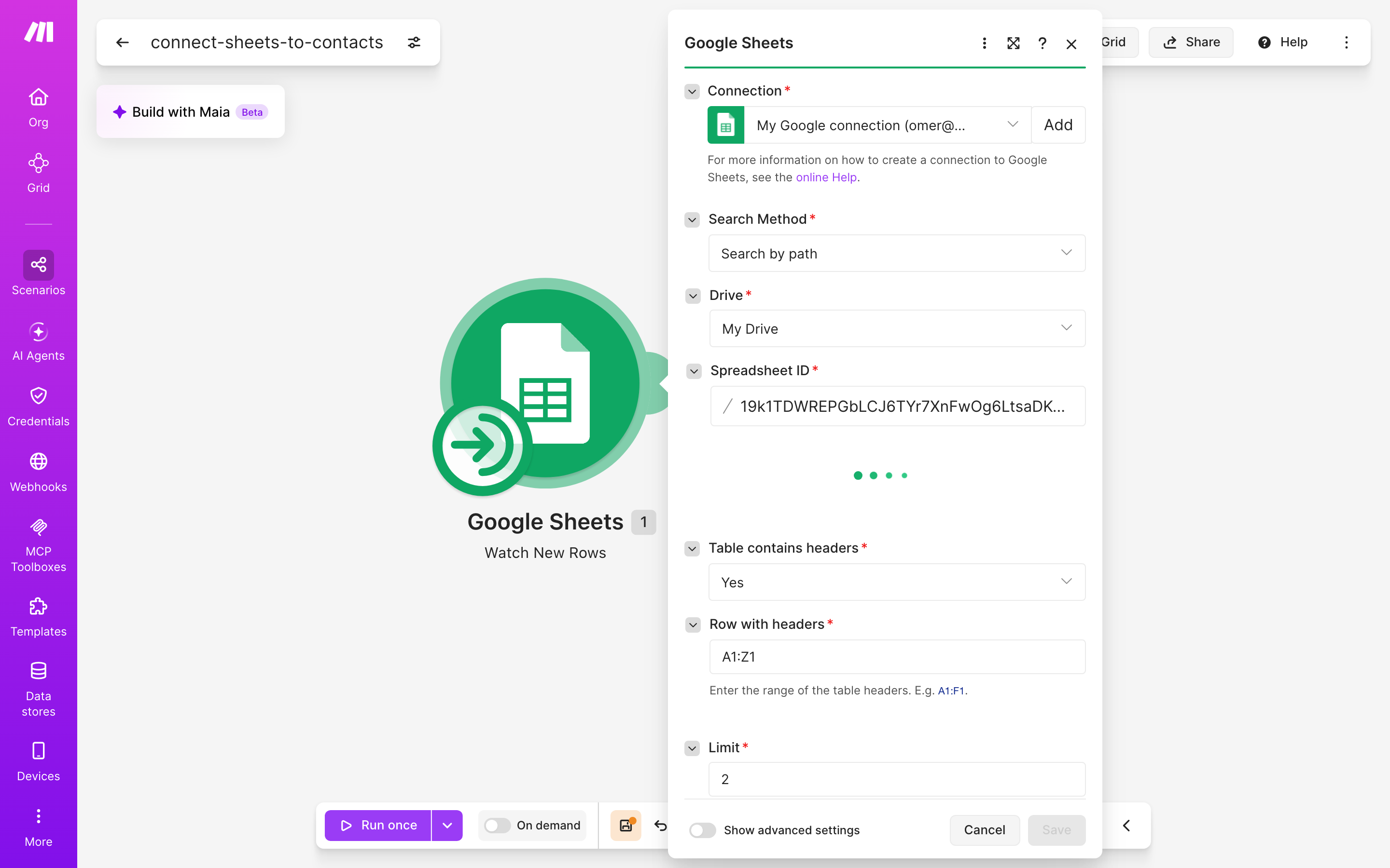 איך מחברים Google Sheets ל-contacts — שורה חדשה בגיליון → נוצר איש-קשר 3 הגדרות המודול Google Sheets — Watch New Rows