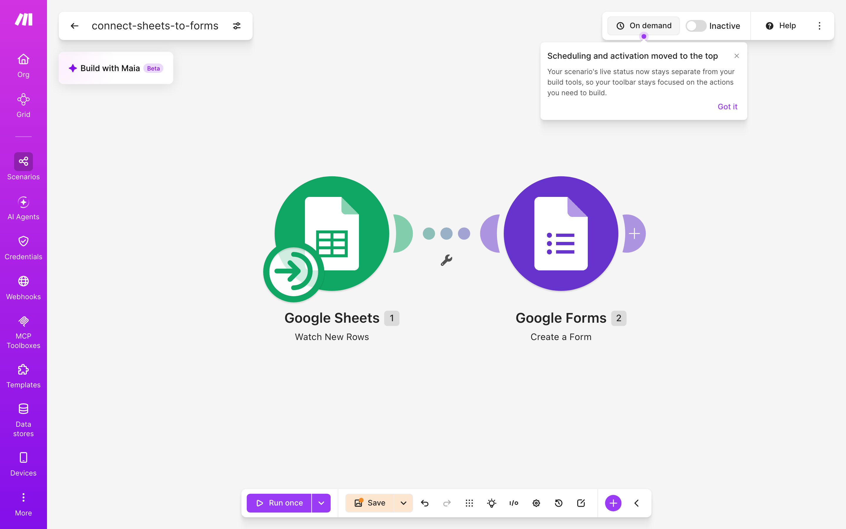 עורך התרחיש — Google Sheets (Watch New Rows) → google-forms (Create Form)
