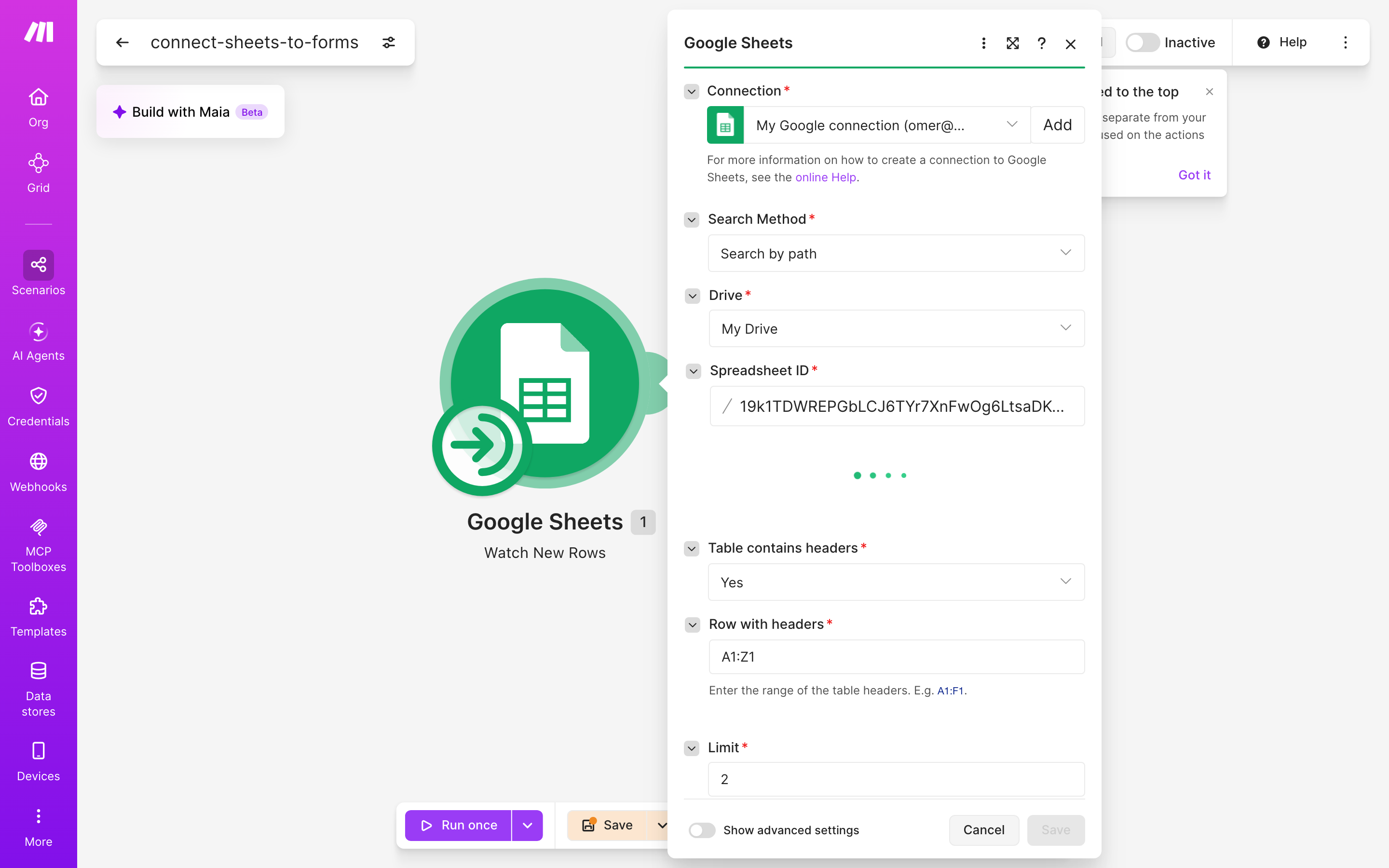 איך מחברים Google Sheets ל-Google Forms — שורה חדשה בגיליון → נוצר או עודכן טופס 3 הגדרות המודול Google Sheets — Watch New Rows