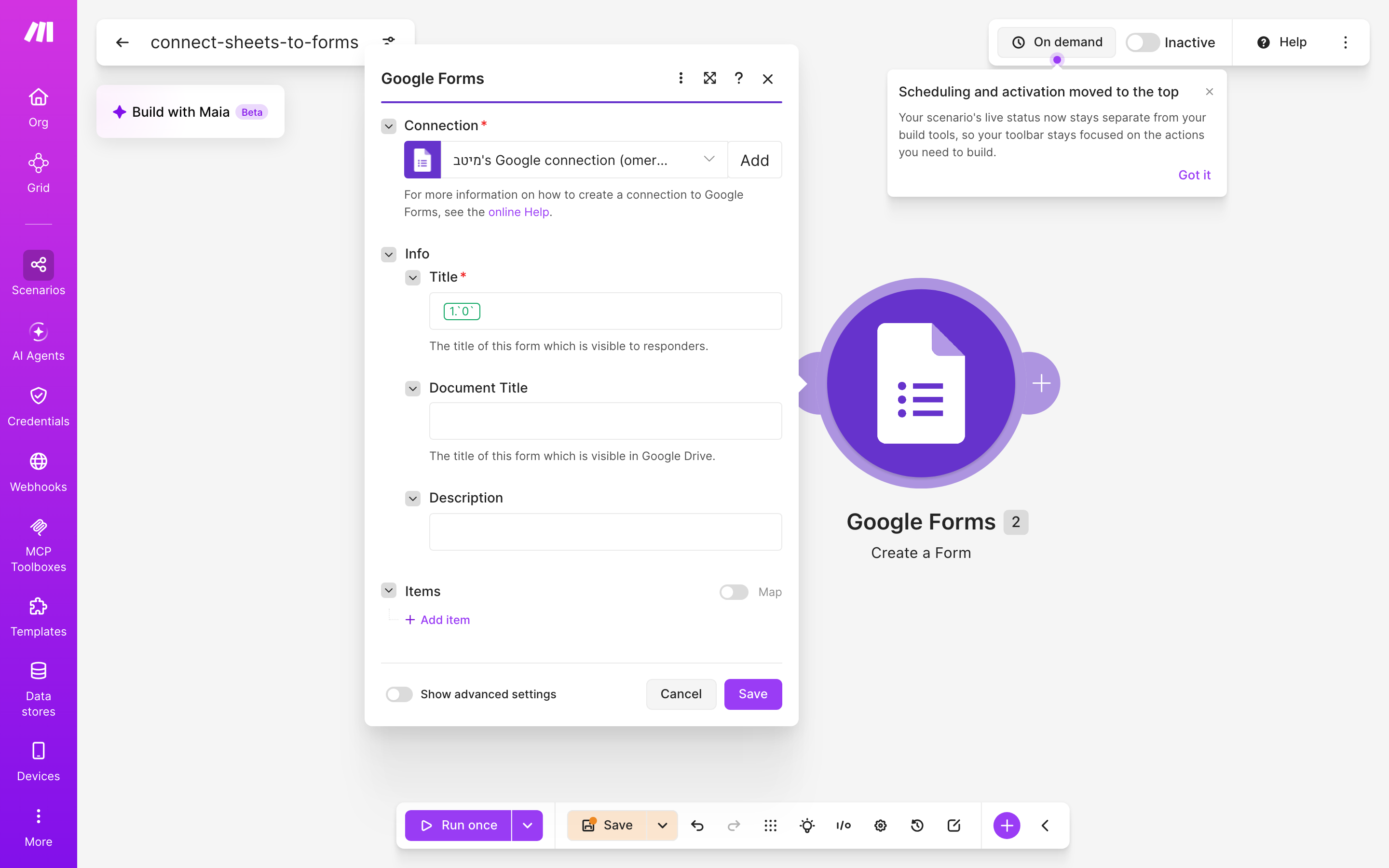 איך מחברים Google Sheets ל-Google Forms — שורה חדשה בגיליון → נוצר או עודכן טופס 4 הגדרות המודול google-forms — Create Form