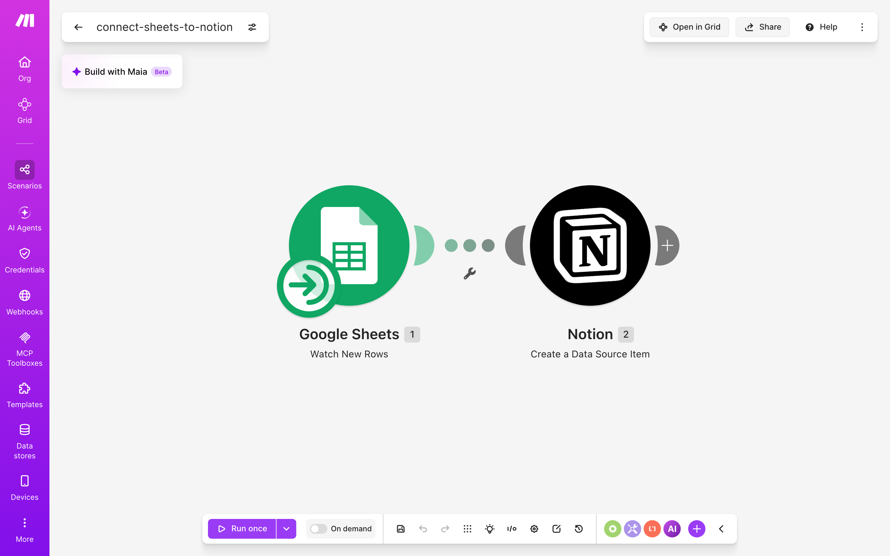 עורך התרחיש — Google Sheets (Watch New Rows) → Notion (Create a Data Source Item)