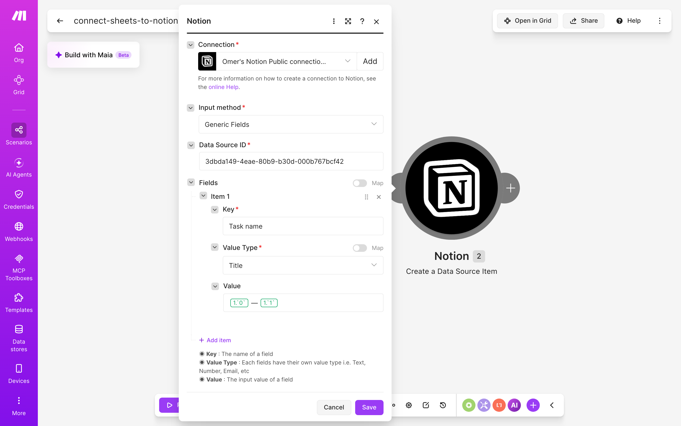 איך מחברים Google Sheets ל-Notion — שורה חדשה בגיליון → נוצר פריט בדאטהבייס 4 הגדרות המודול Notion — Create a Data Source Item