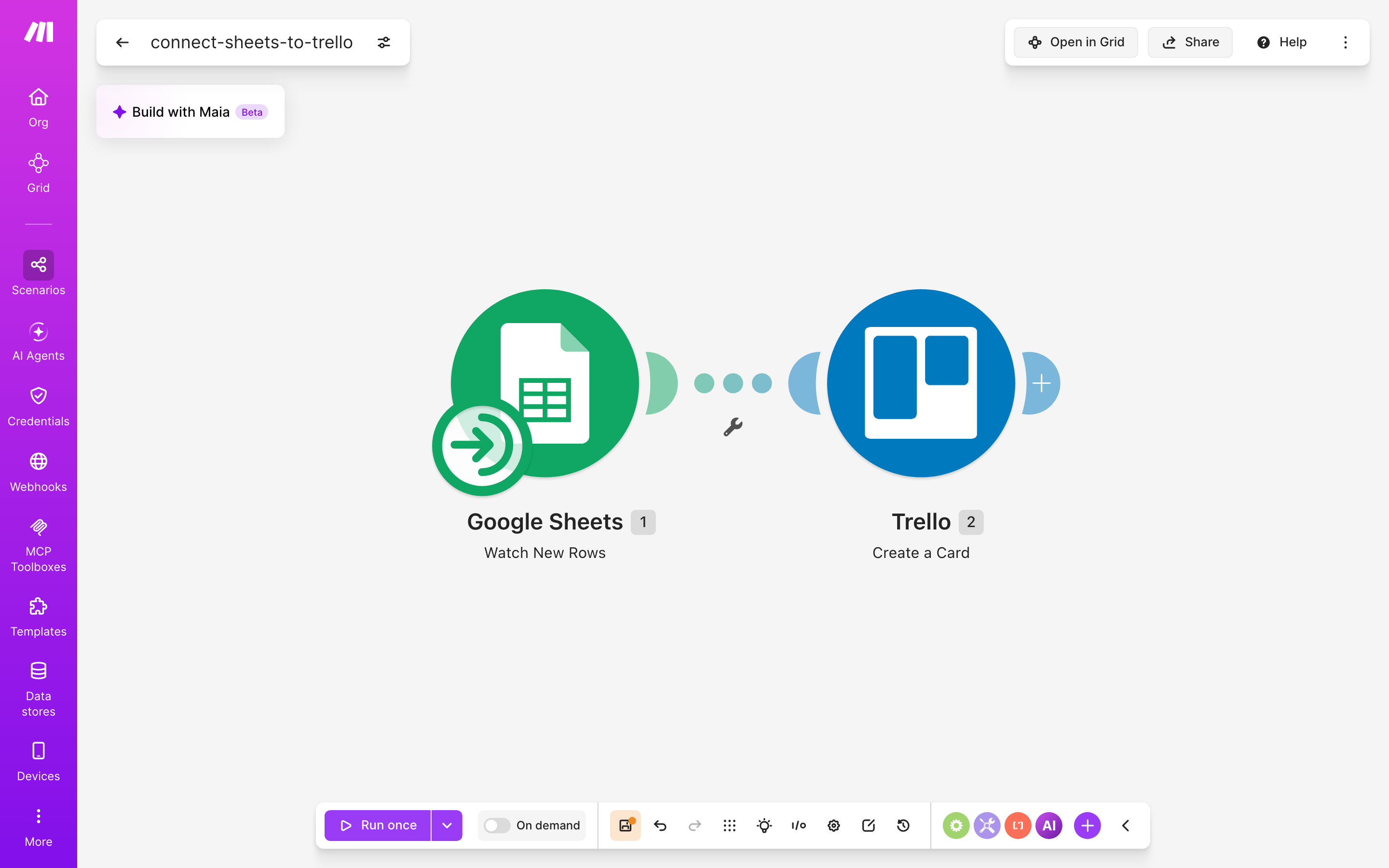 עורך התרחיש — Google Sheets (Watch New Rows) → Trello (Create a Card)