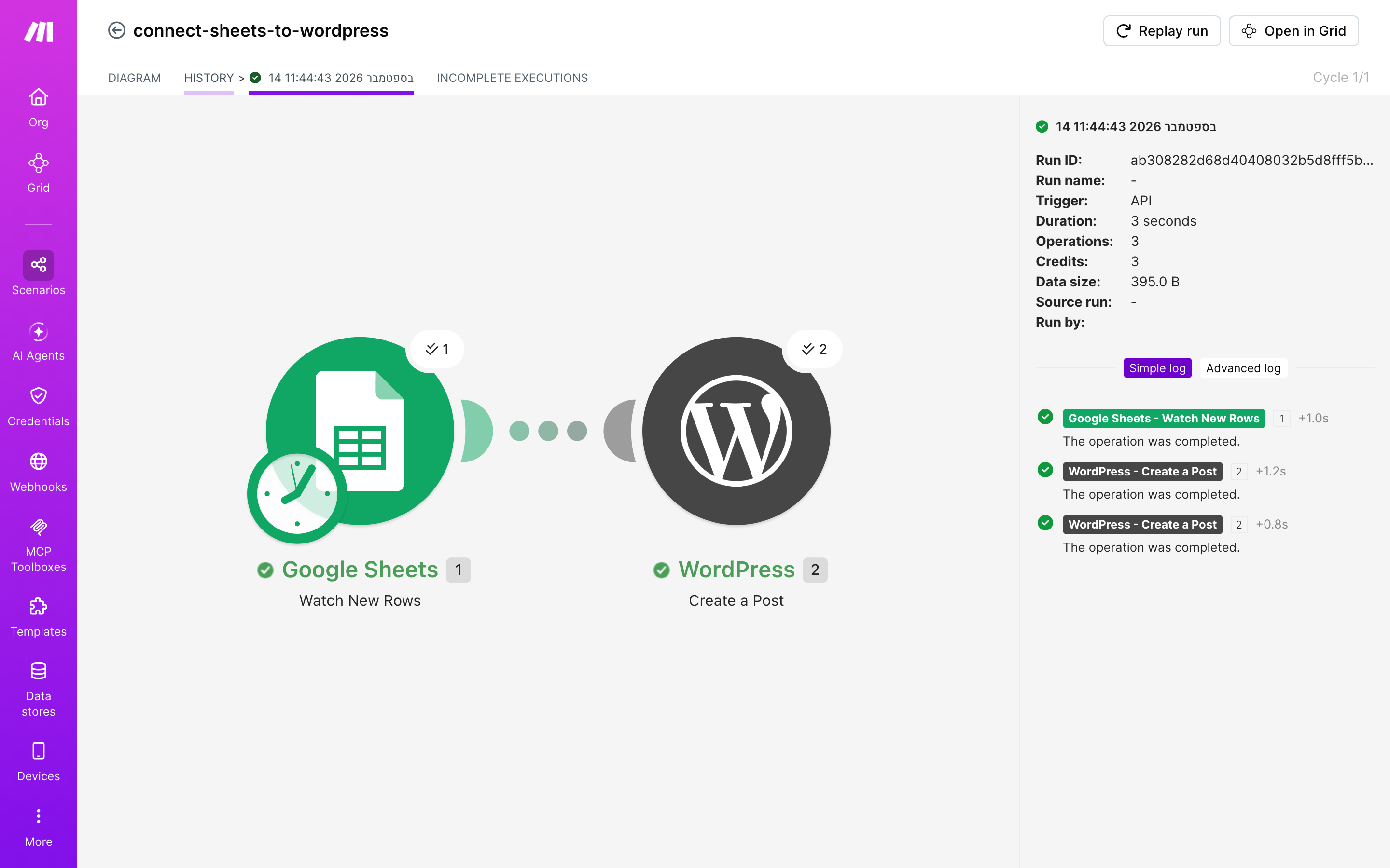 איך מחברים Google Sheets ל-WordPress — שורה חדשה בגיליון → נוצר פוסט באתר 5 היסטוריית-הריצות: ריצה ירוקה, 3 פעולות, 14.9.2026