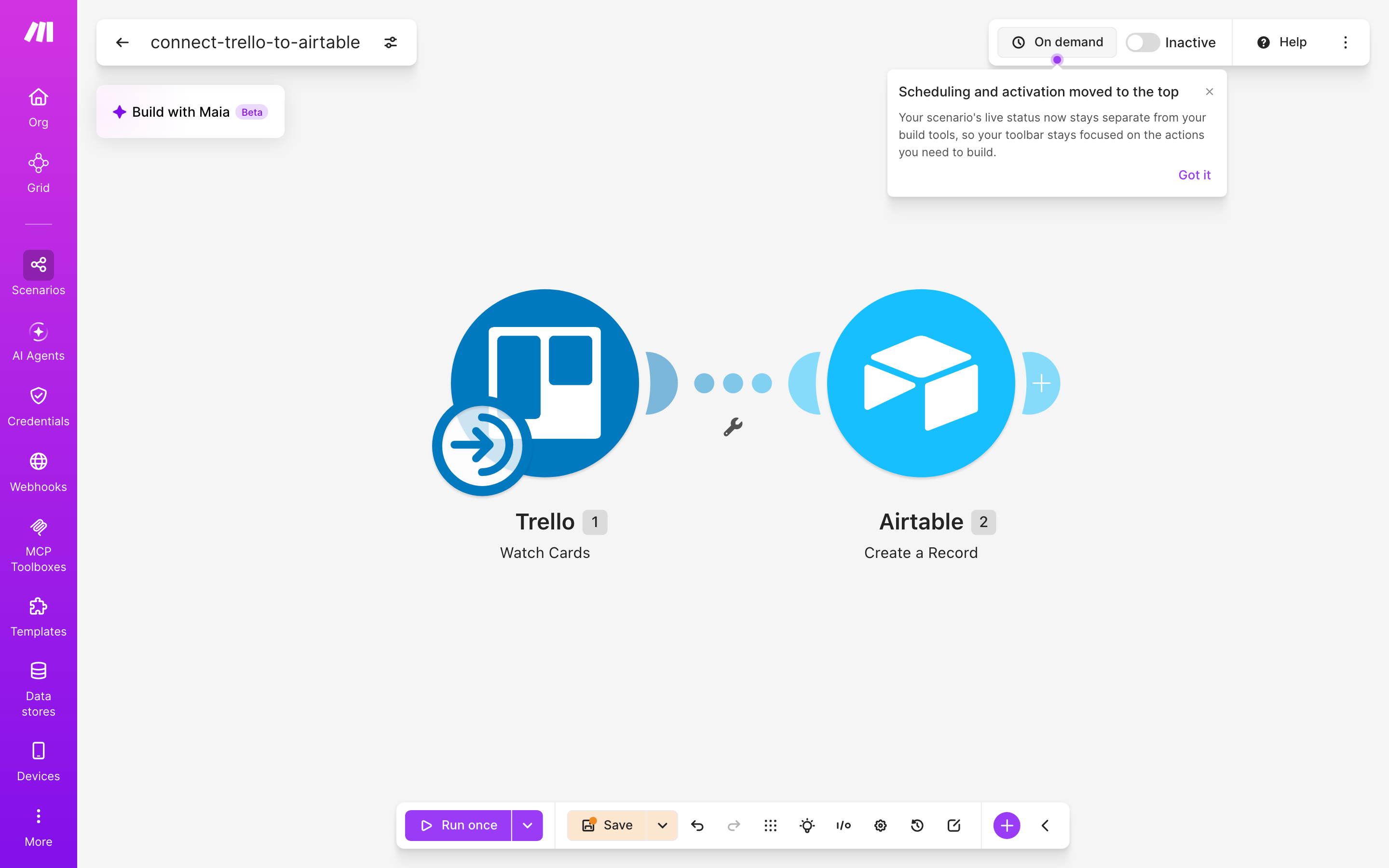 איך מחברים Trello ל-Airtable — כרטיס חדש בלוח → נוצרה רשומה 2 עורך התרחיש — Trello (Watch Cards) → Airtable (Action Create Record)