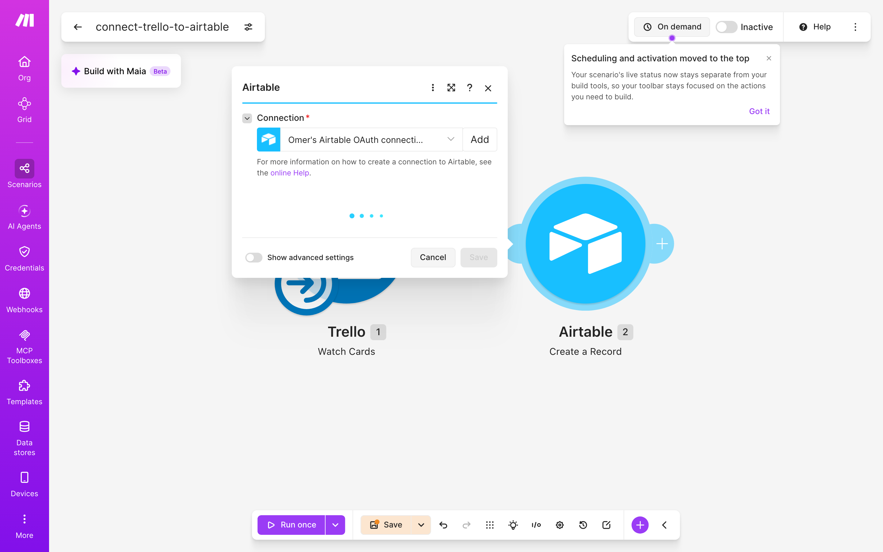 איך מחברים Trello ל-Airtable — כרטיס חדש בלוח → נוצרה רשומה 4 הגדרות המודול Airtable — Action Create Record