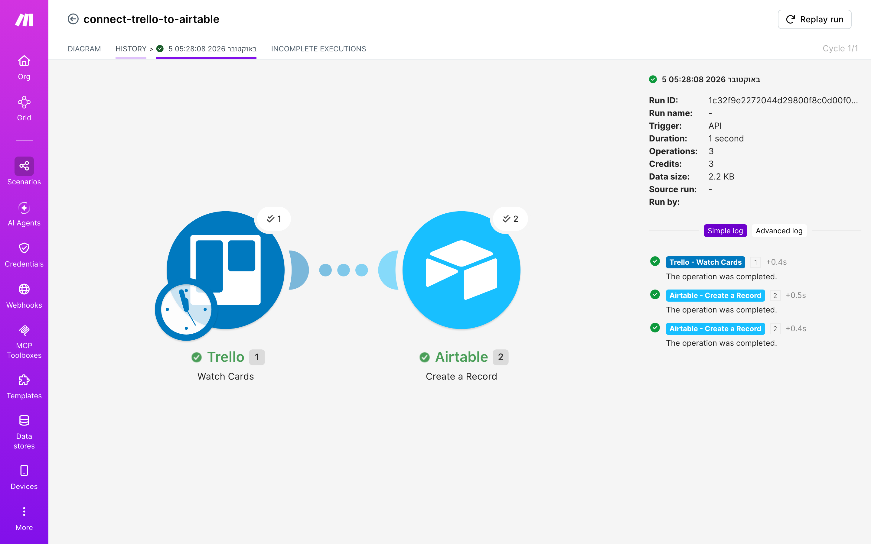 איך מחברים Trello ל-Airtable — כרטיס חדש בלוח → נוצרה רשומה 5 היסטוריית-הריצות: ריצה ירוקה, 3 פעולות, 5.10.2026
