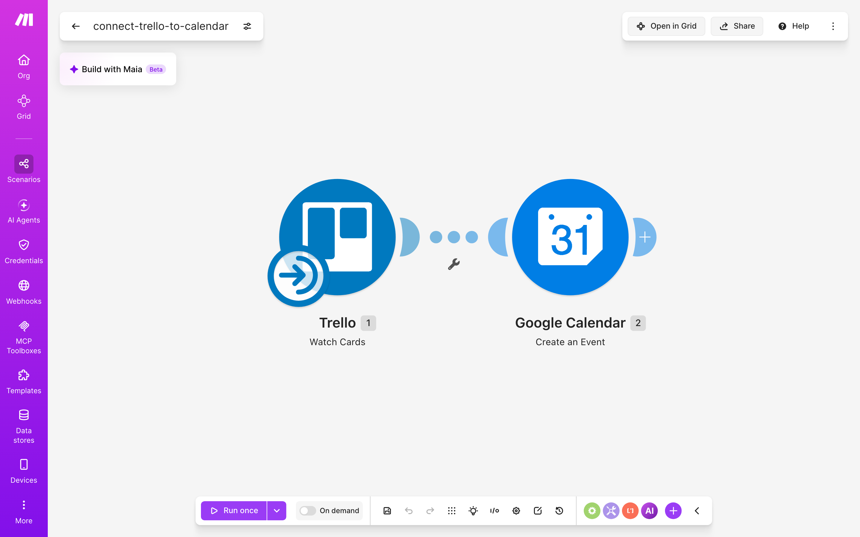 איך מחברים Trello ל-Google Calendar — כרטיס חדש בלוח → נוצר אירוע ביומן 2 עורך התרחיש — Trello (Watch Cards) → Google Calendar (Create an Event)