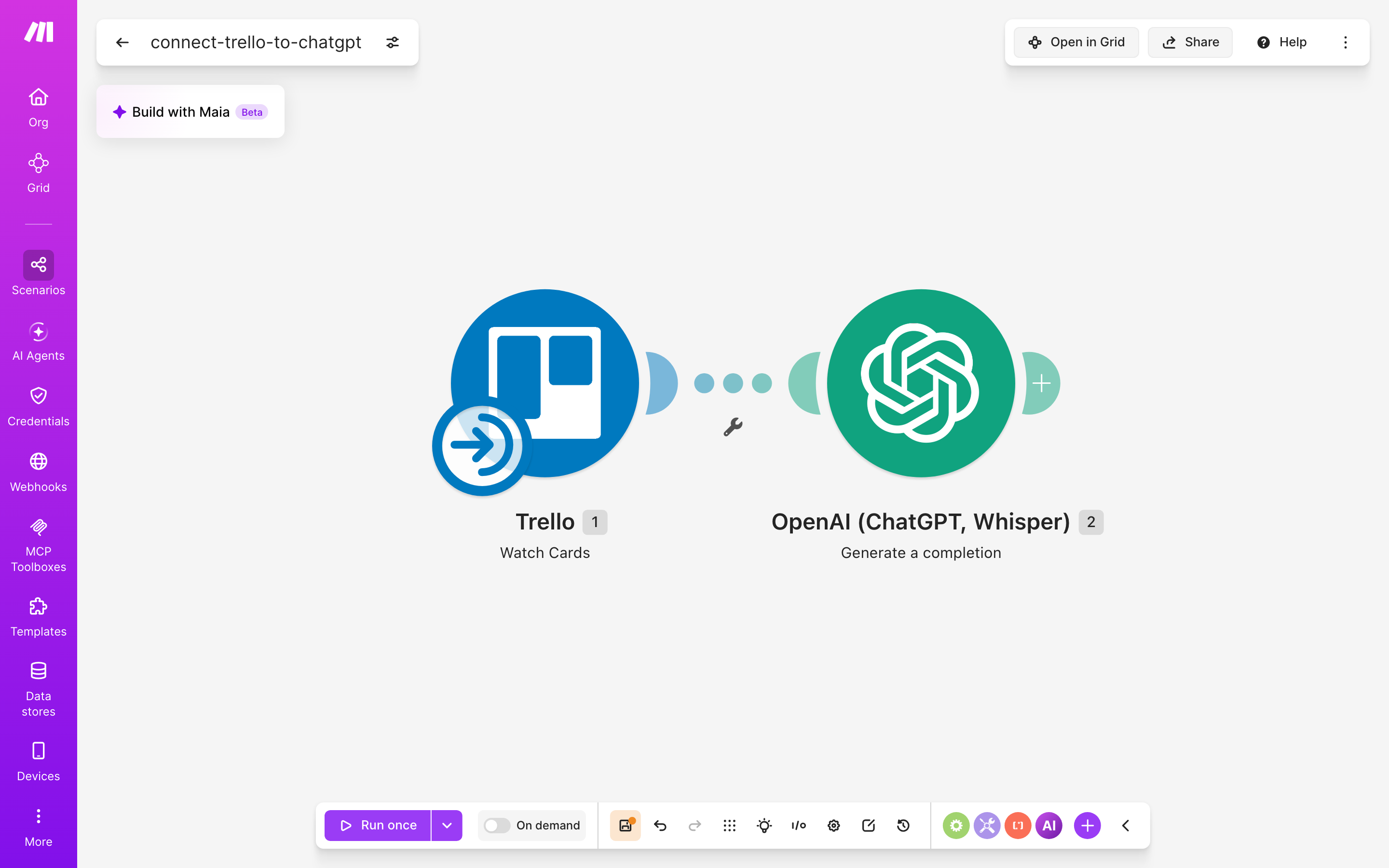 עורך התרחיש — Trello (Watch Cards) → ChatGPT (Generate a completion)
