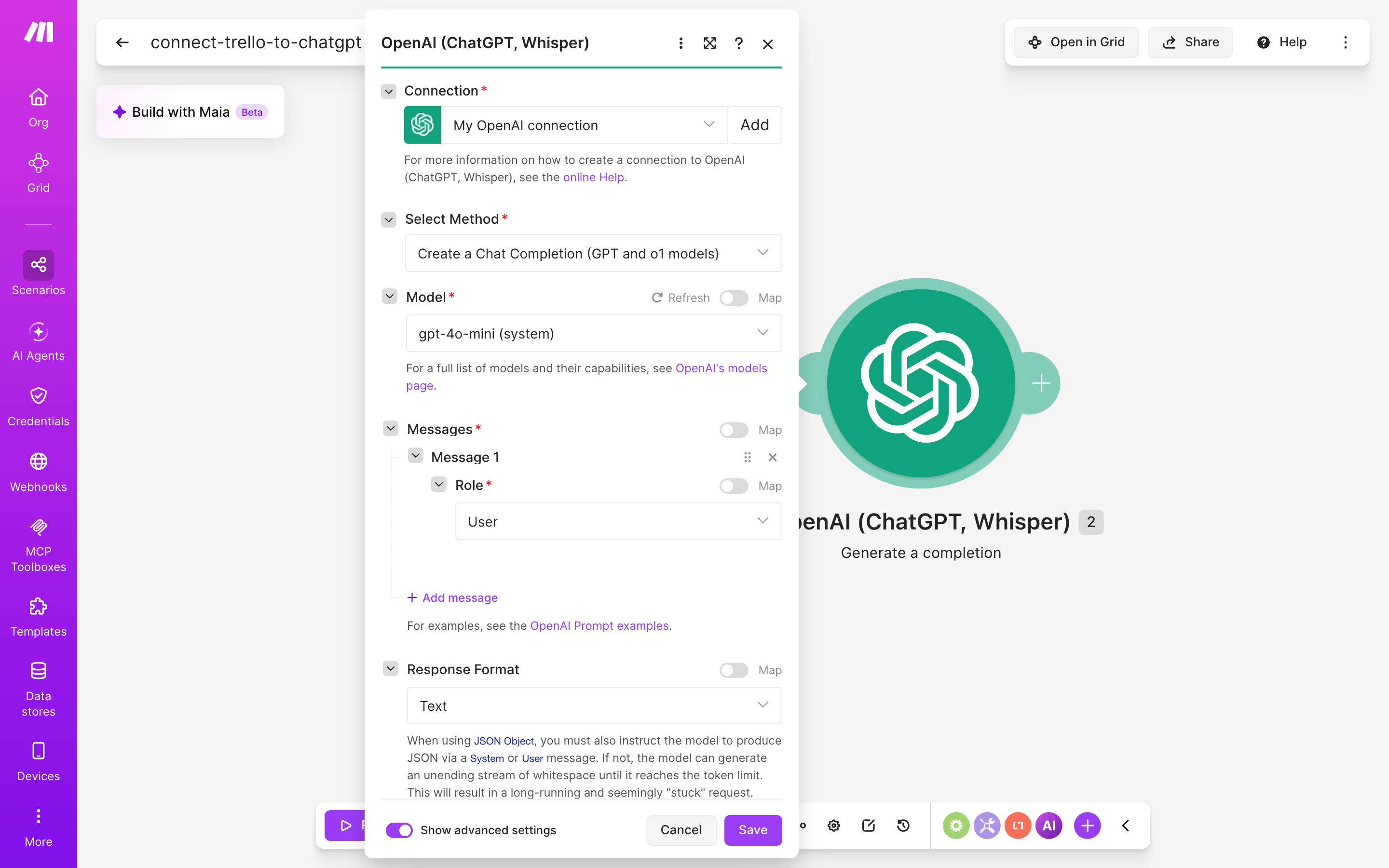 איך מחברים Trello ל-ChatGPT — כרטיס חדש בלוח → ChatGPT מסכם ומנסח בעברית 4 הגדרות המודול ChatGPT — Generate a completion