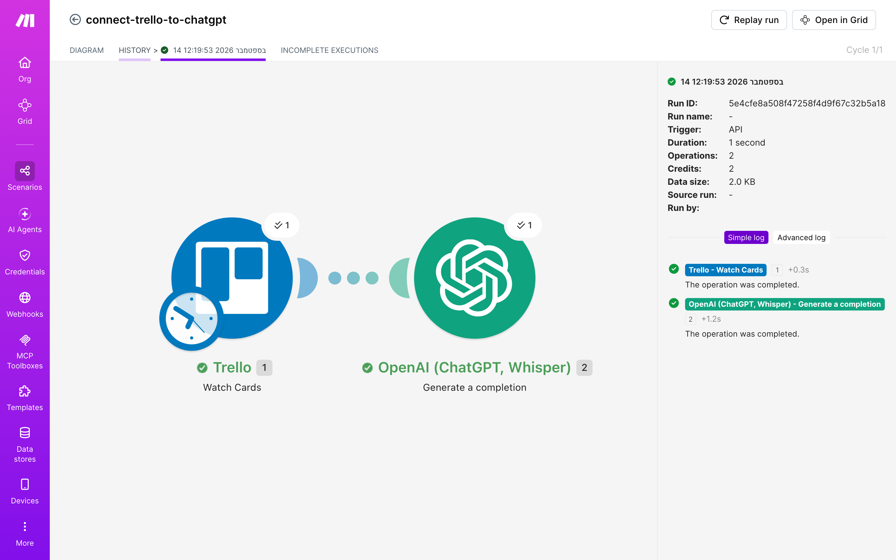 איך מחברים Trello ל-ChatGPT — כרטיס חדש בלוח → ChatGPT מסכם ומנסח בעברית 5 היסטוריית-הריצות: ריצה ירוקה, 2 פעולות, 14.9.2026
