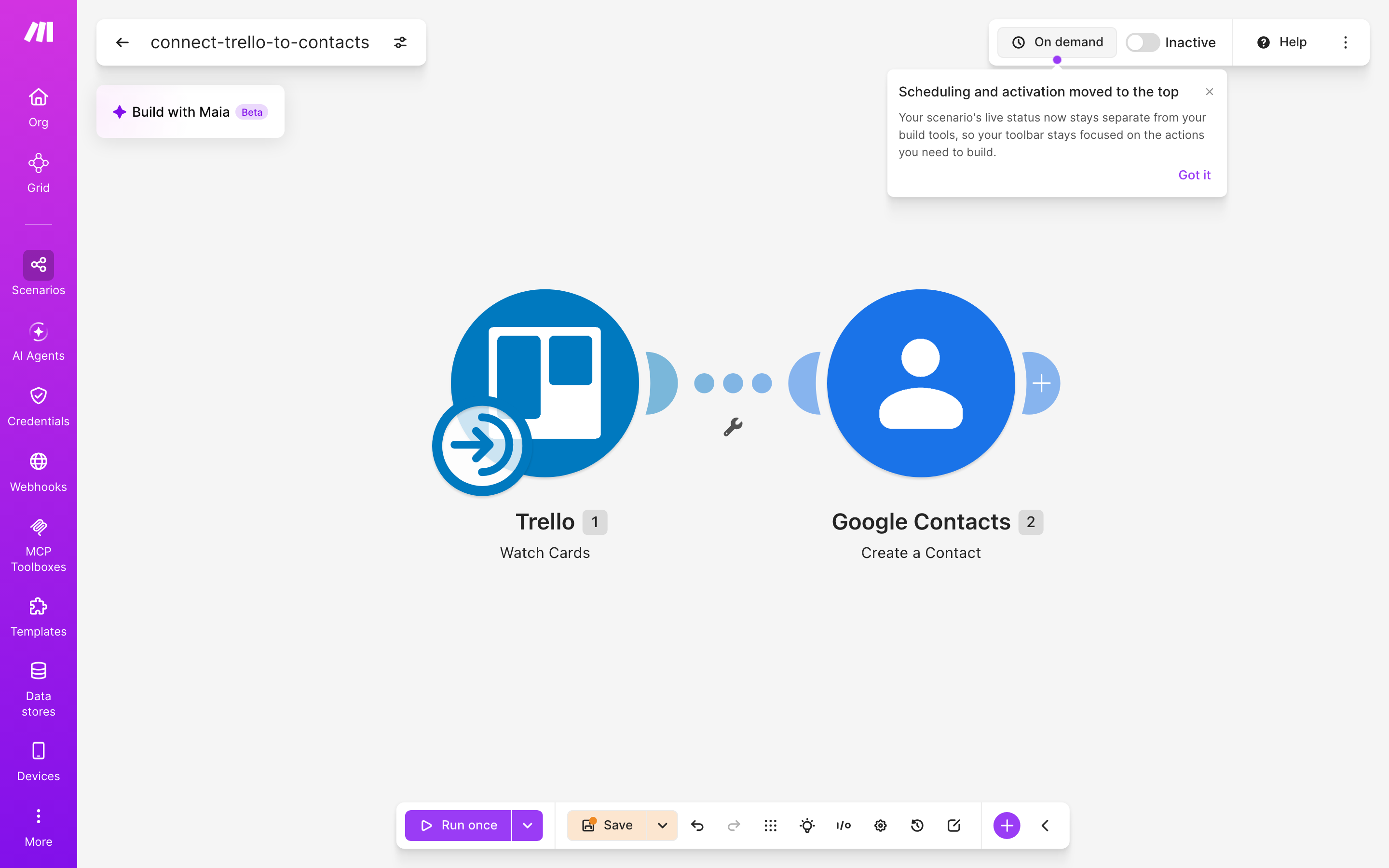 איך מחברים Trello ל-contacts — כרטיס חדש בלוח → נוצר איש-קשר 2 עורך התרחיש — Trello (Watch Cards) → google-contacts (Create Acontact)