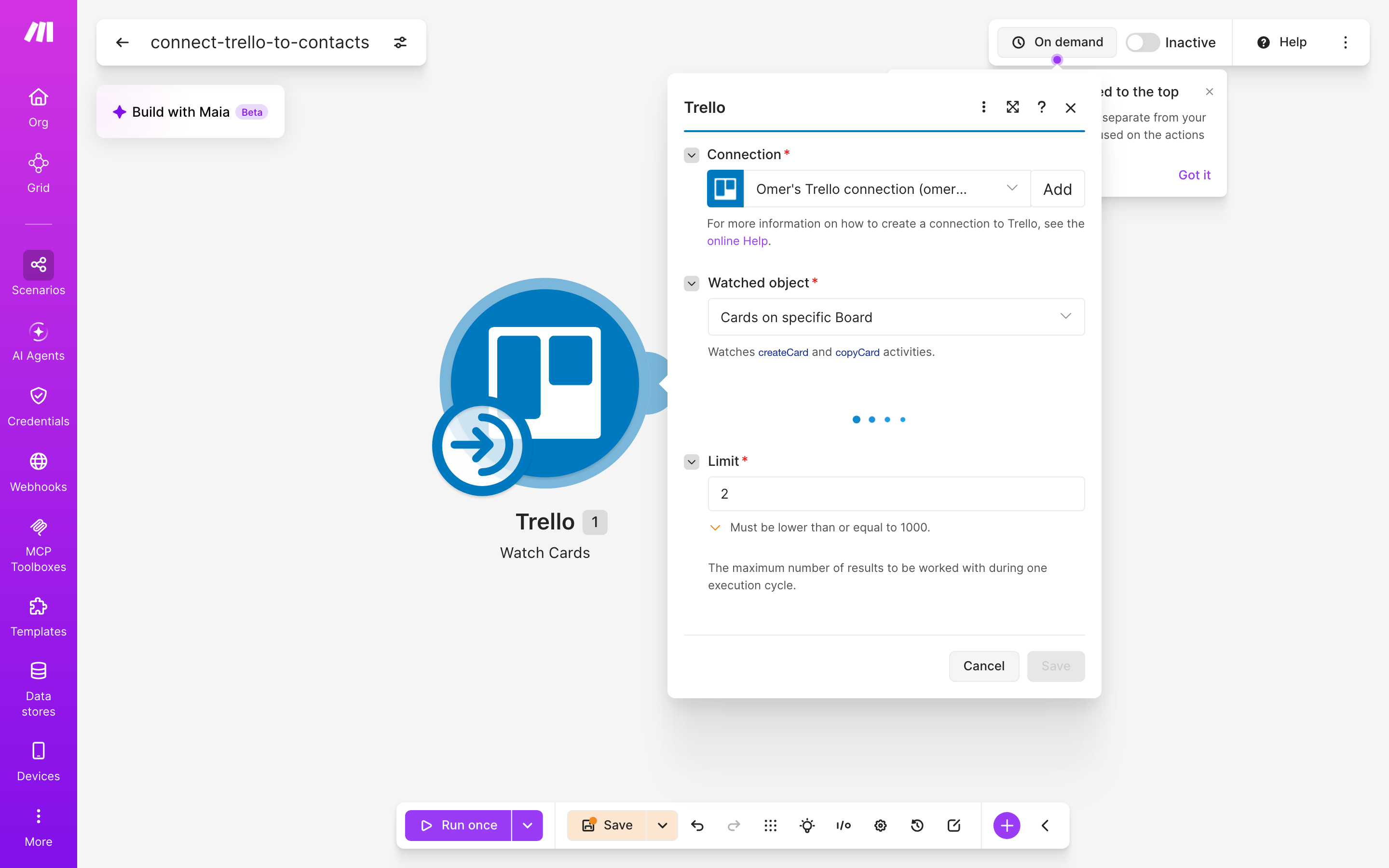 איך מחברים Trello ל-contacts — כרטיס חדש בלוח → נוצר איש-קשר 3 הגדרות המודול Trello — Watch Cards