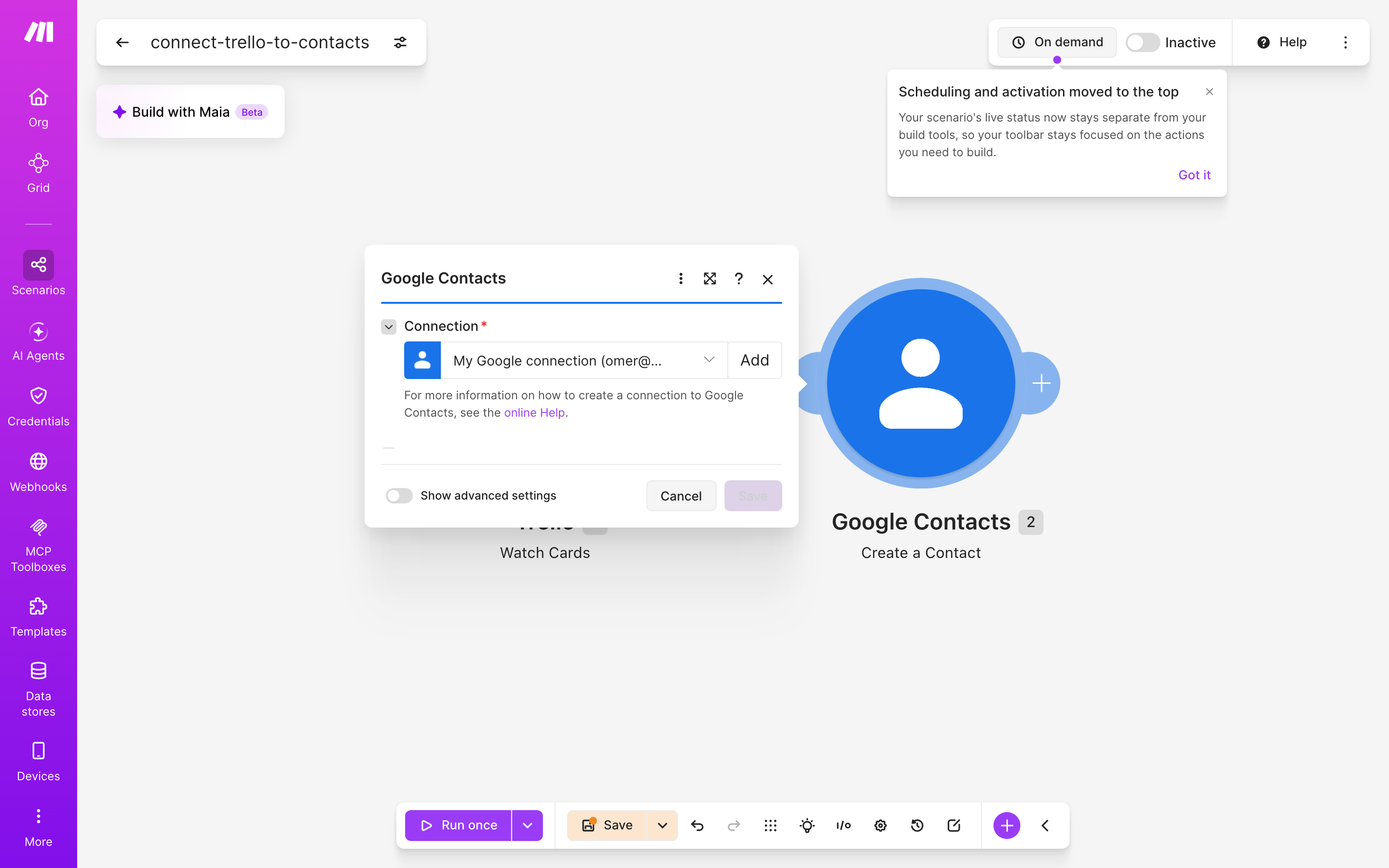 איך מחברים Trello ל-contacts — כרטיס חדש בלוח → נוצר איש-קשר 4 הגדרות המודול google-contacts — Create Acontact