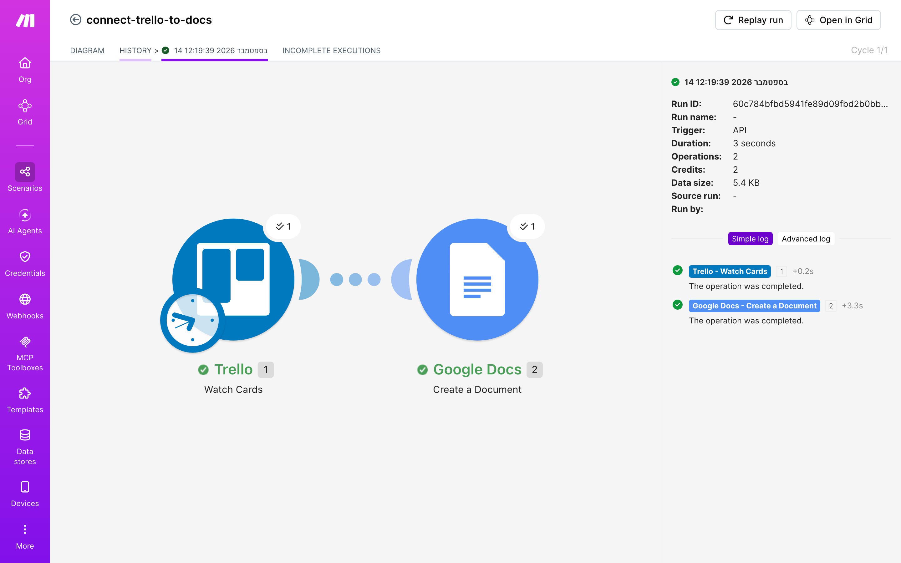 איך מחברים Trello ל-Google Docs — כרטיס חדש בלוח → נוצר מסמך מוכן 5 היסטוריית-הריצות: ריצה ירוקה, 2 פעולות, 14.9.2026