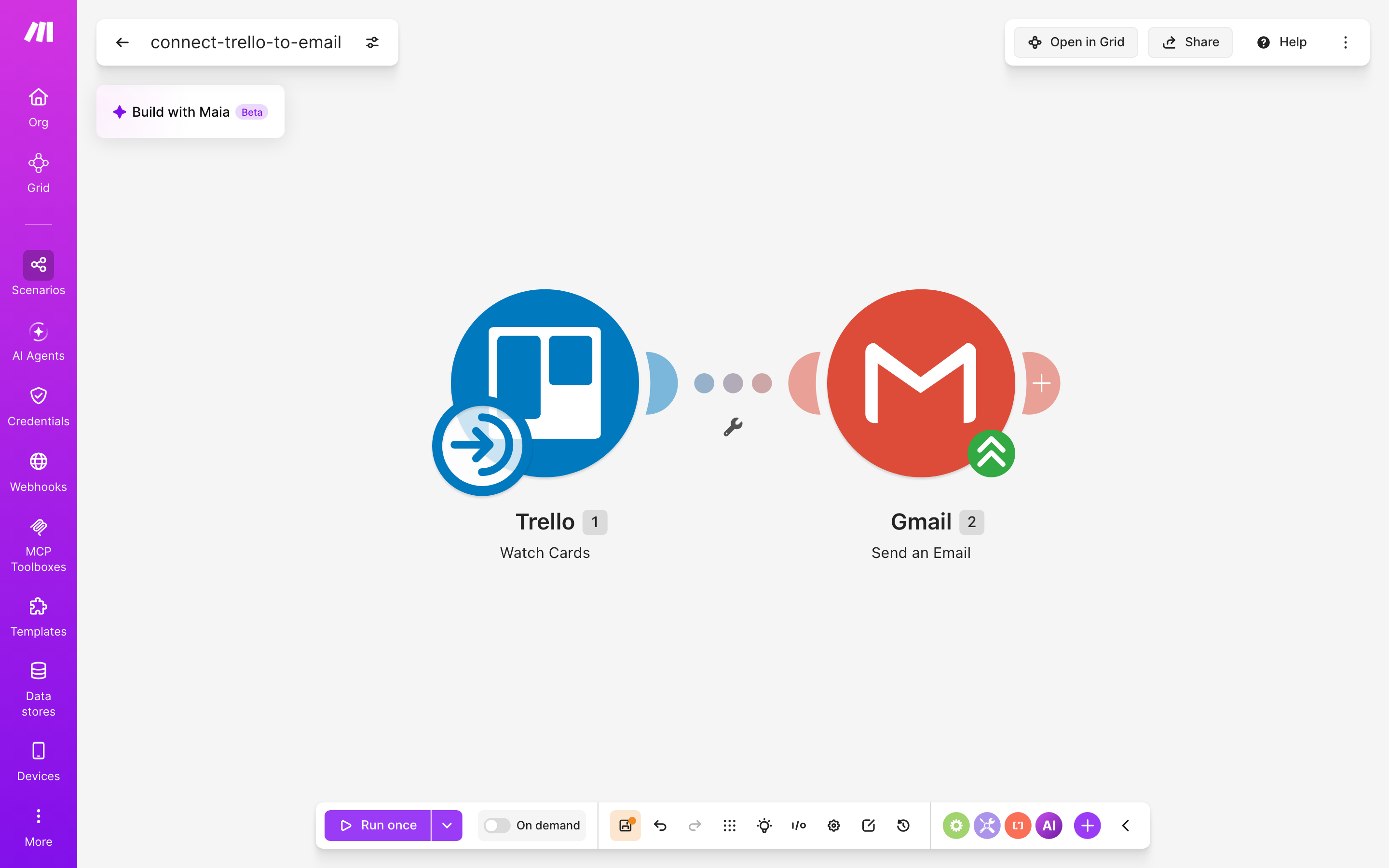 עורך התרחיש — Trello (Watch Cards) → Gmail (Send an Email)