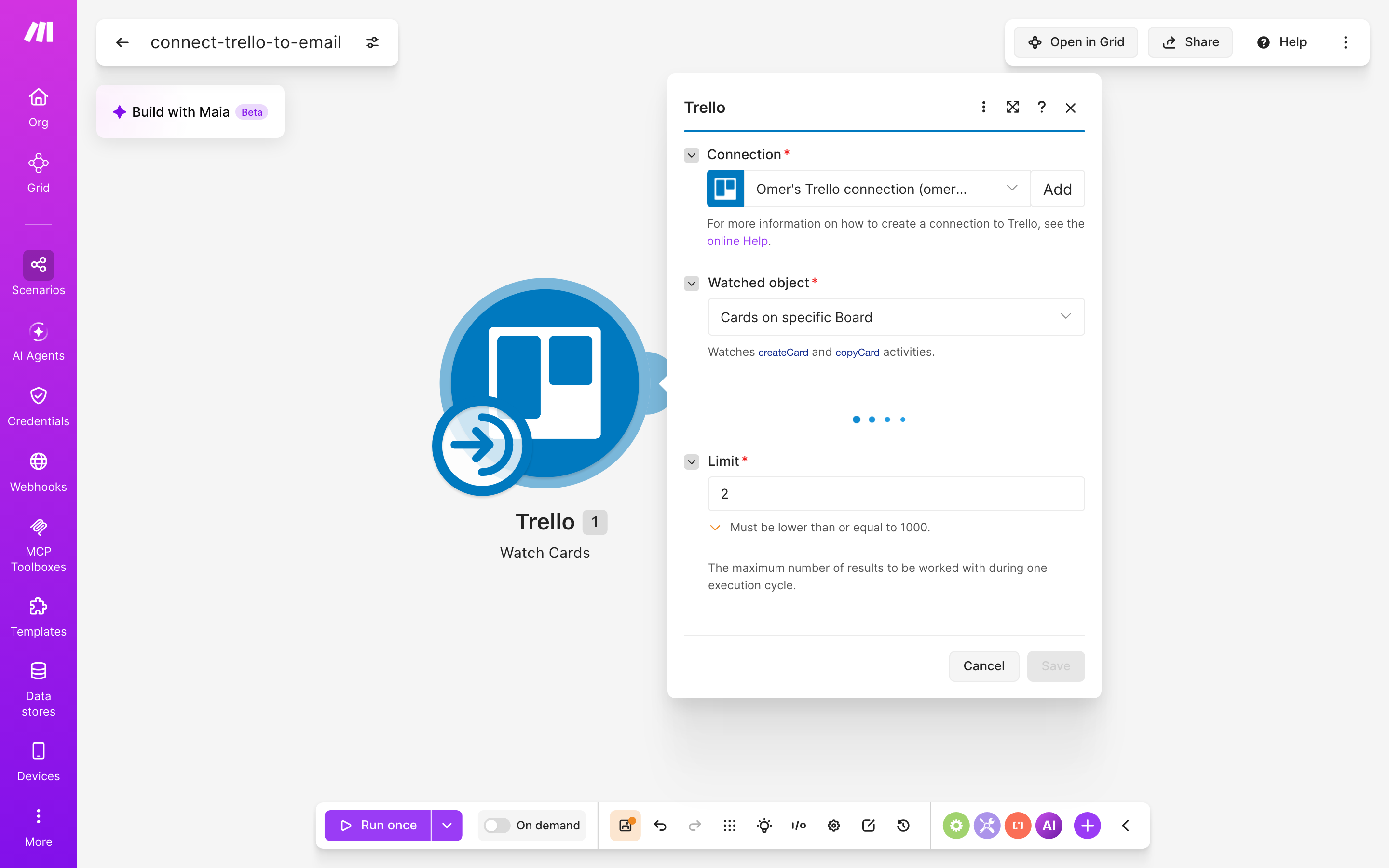 איך מחברים Trello ל-Gmail — כרטיס חדש בלוח → נשלח מייל 3 הגדרות המודול Trello — Watch Cards
