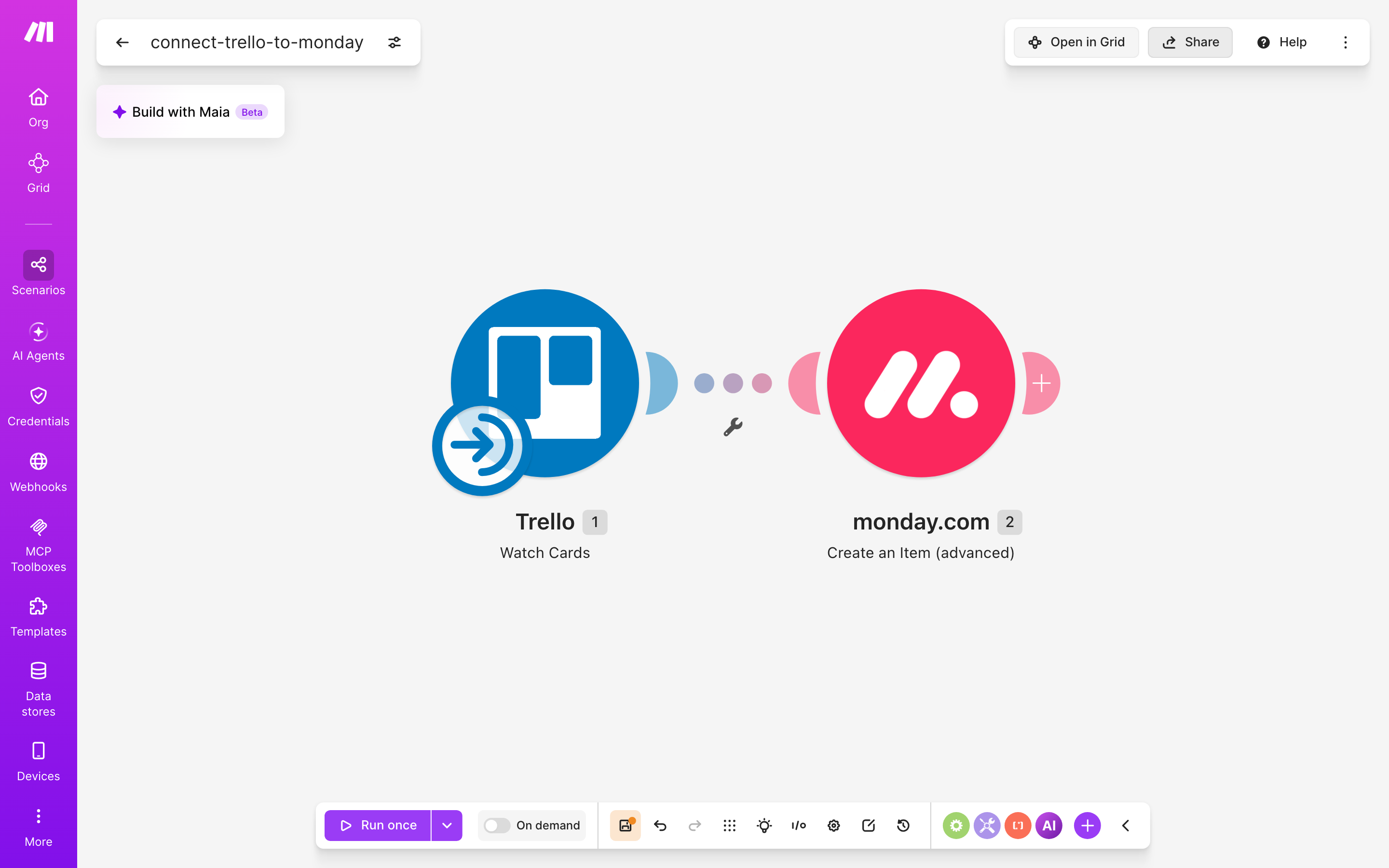עורך התרחיש — Trello (Watch Cards) → monday.com (Create an Item (advanced))