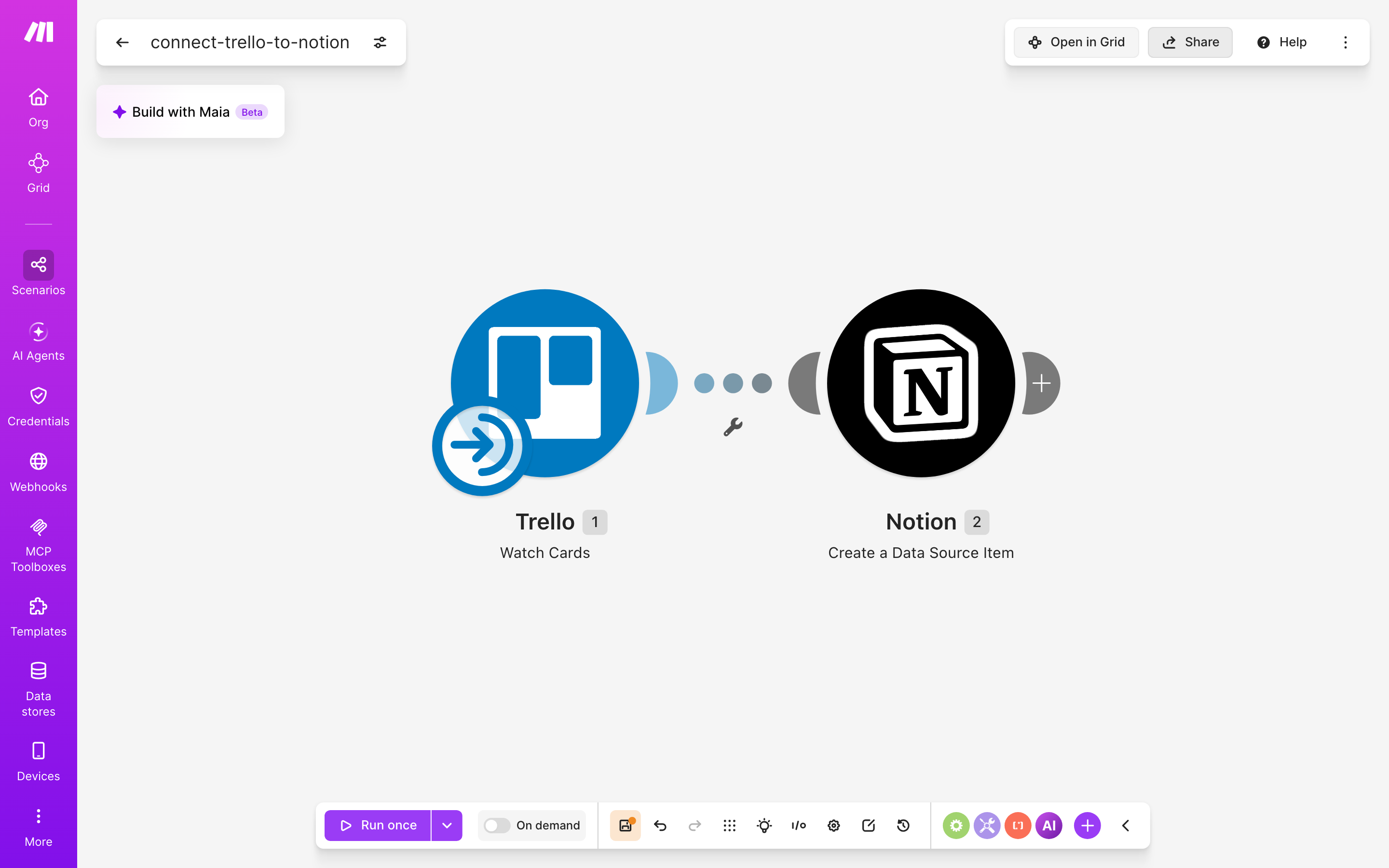 עורך התרחיש — Trello (Watch Cards) → Notion (Create a Data Source Item)