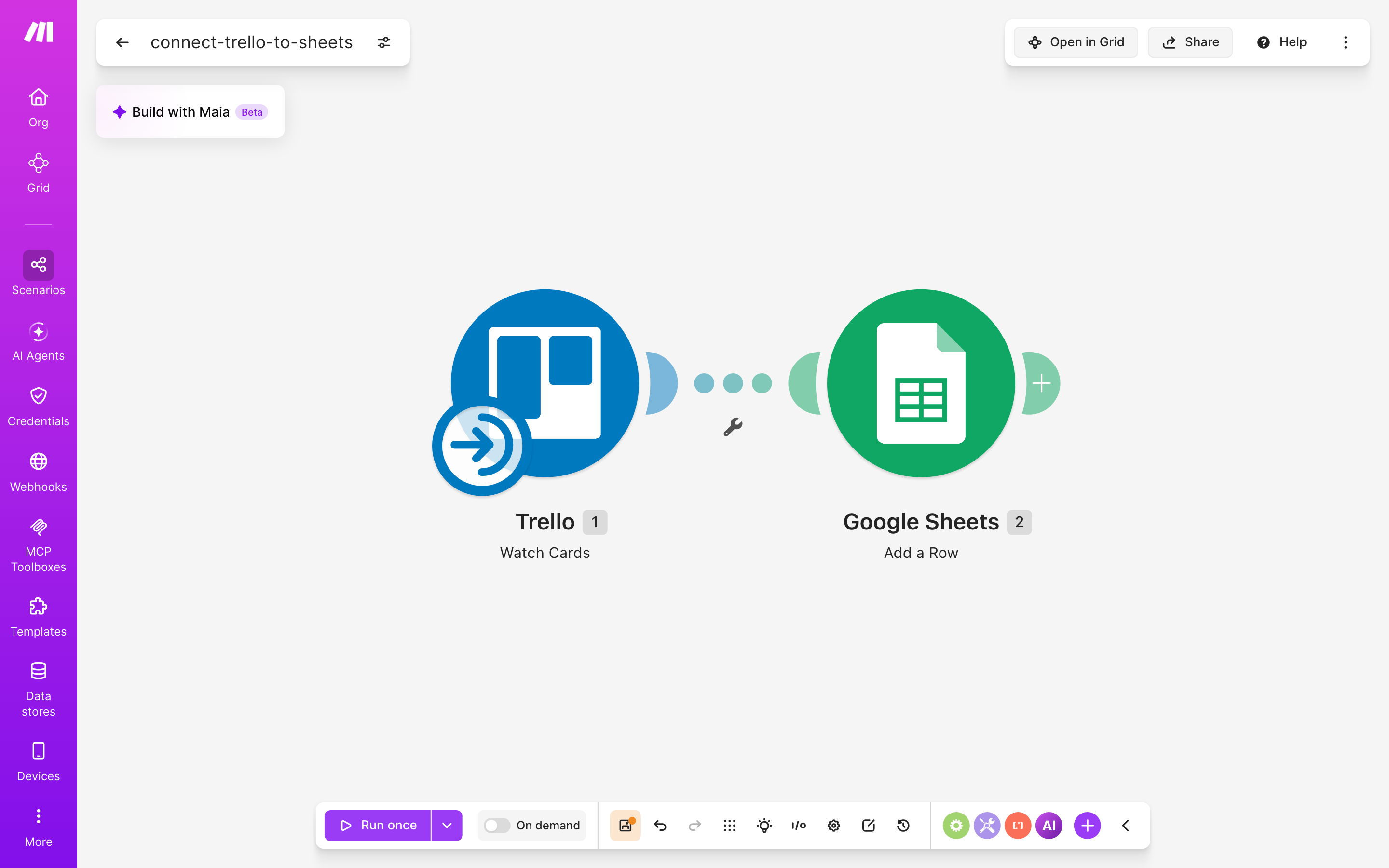 עורך התרחיש — Trello (Watch Cards) → Google Sheets (Add a Row)