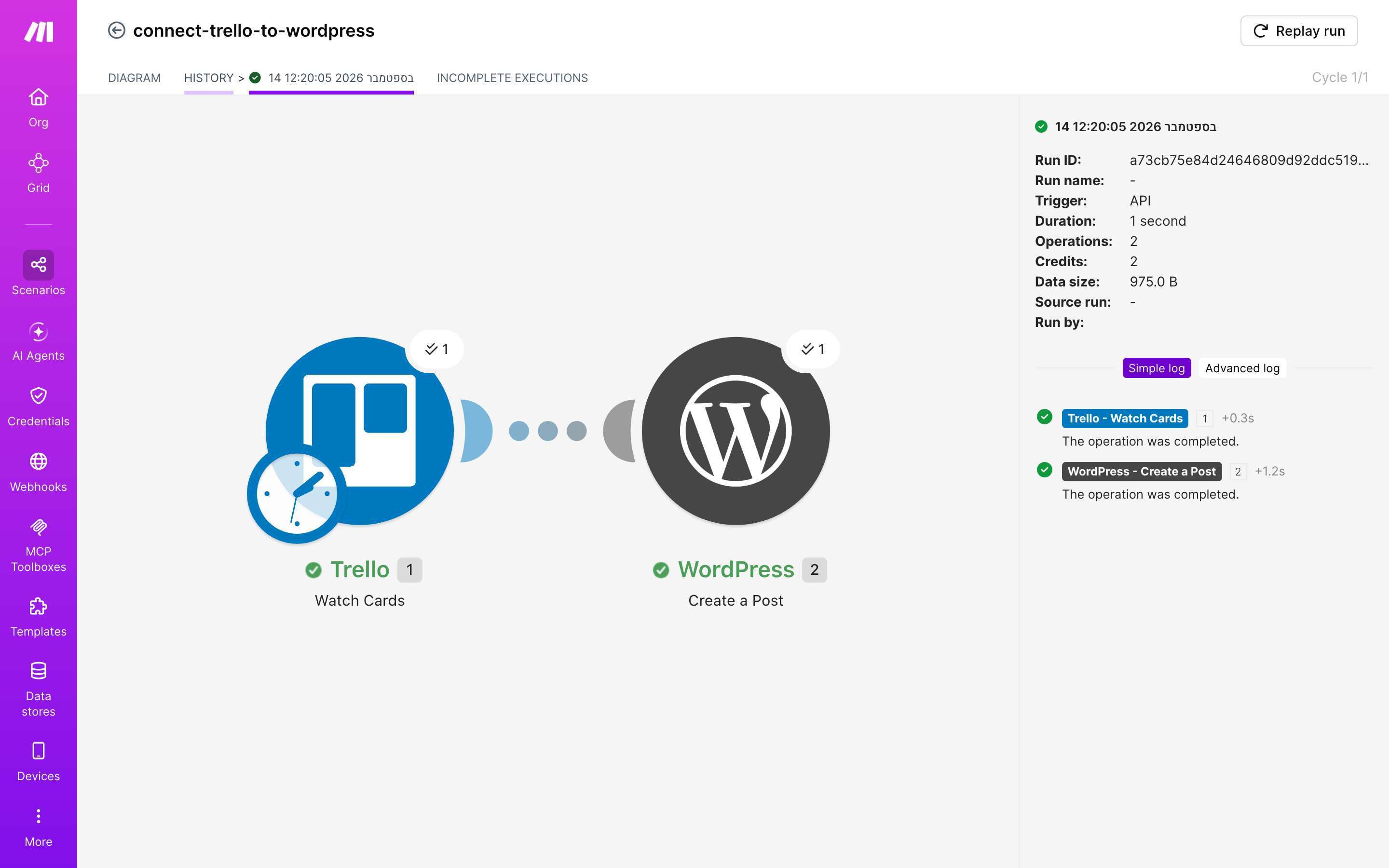 איך מחברים Trello ל-WordPress — כרטיס חדש בלוח → נוצר פוסט באתר 5 היסטוריית-הריצות: ריצה ירוקה, 2 פעולות, 14.9.2026