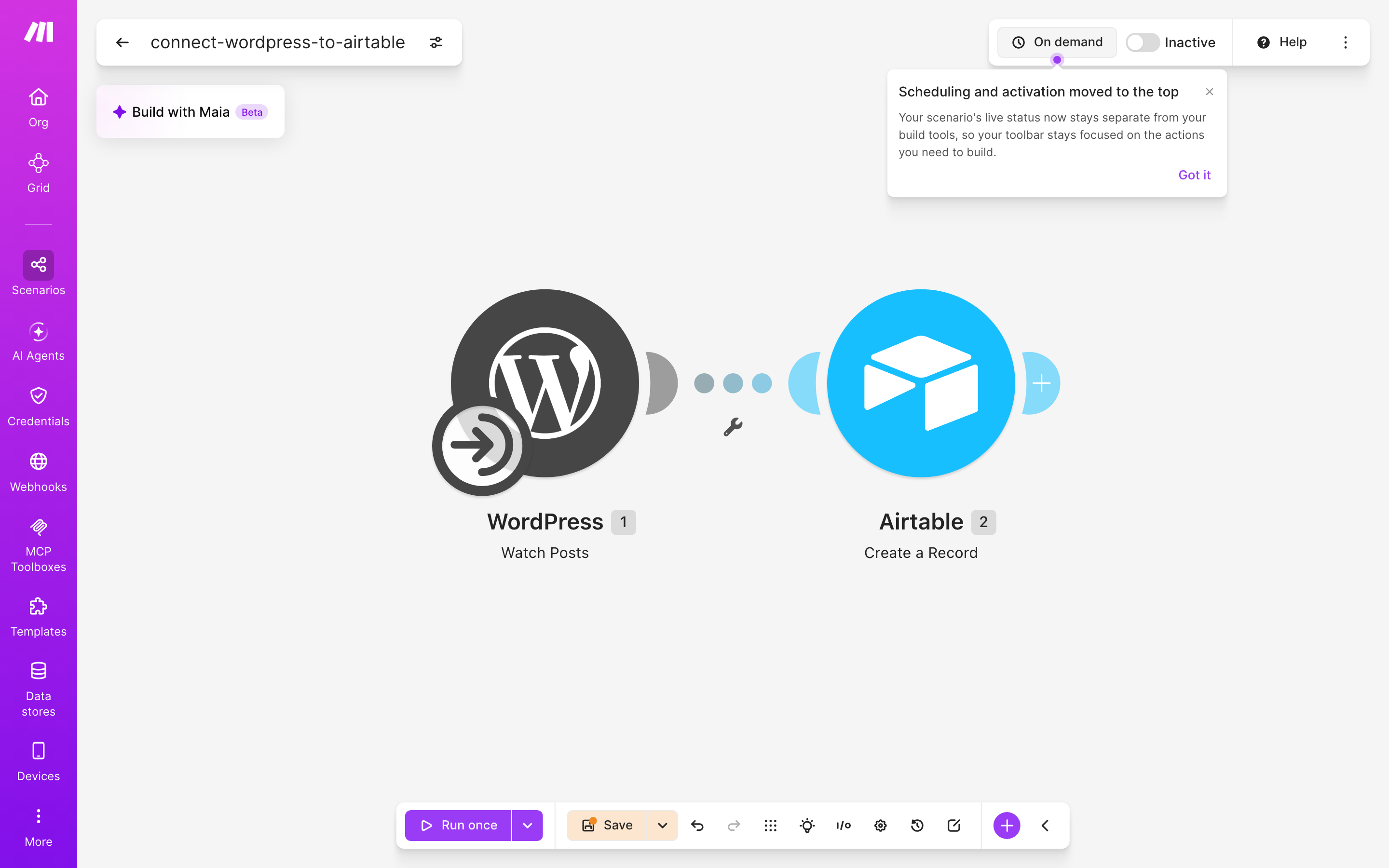 איך מחברים WordPress ל-Airtable — פוסט חדש באתר → נוצרה רשומה 2 עורך התרחיש — WordPress (Watch Posts) → airtable (Action Create Record)