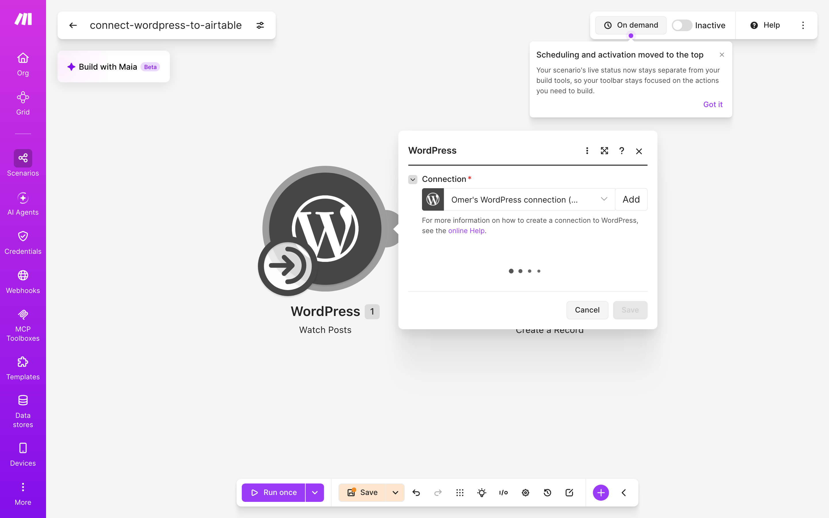 איך מחברים WordPress ל-Airtable — פוסט חדש באתר → נוצרה רשומה 3 הגדרות המודול WordPress — Watch Posts