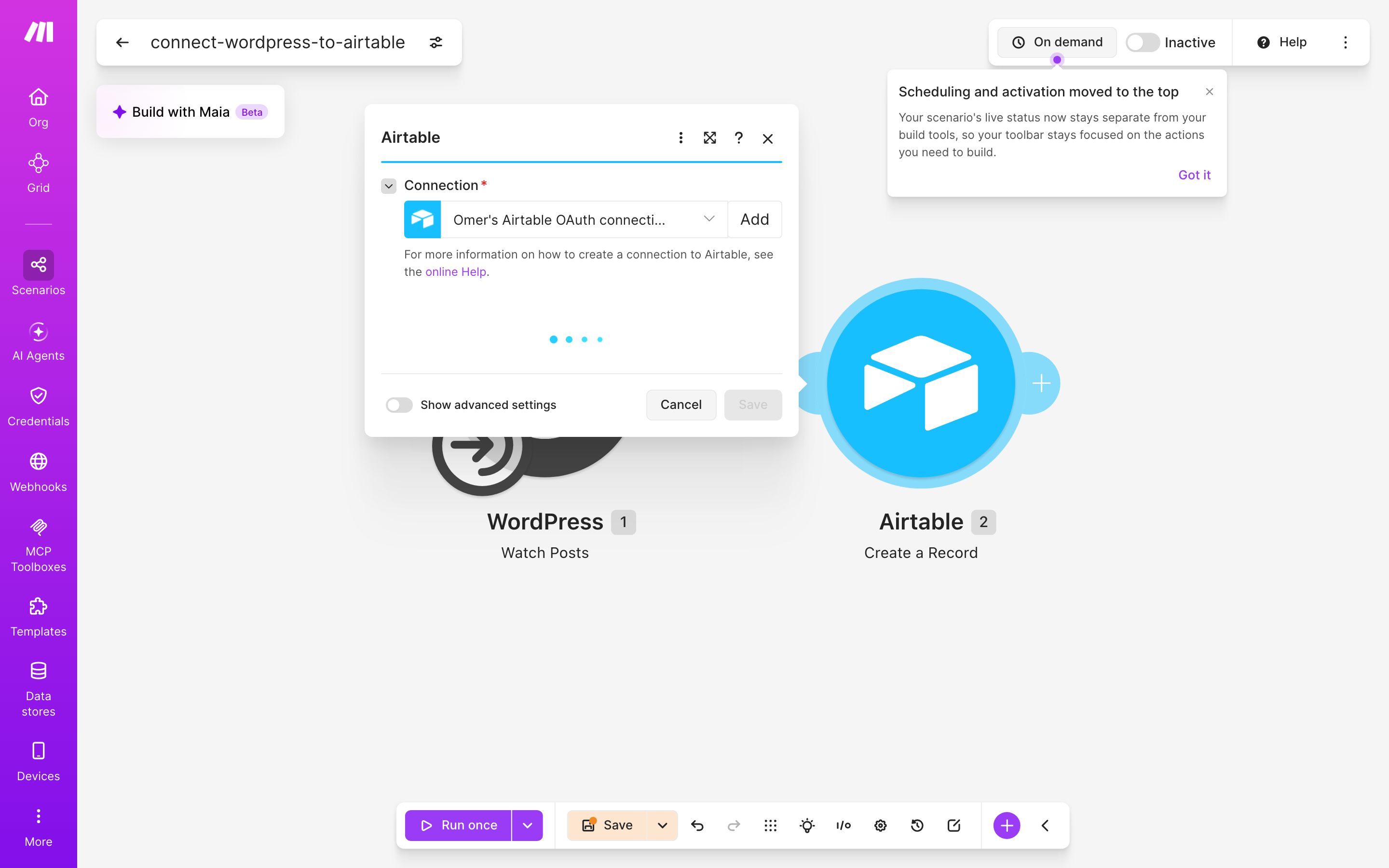 איך מחברים WordPress ל-Airtable — פוסט חדש באתר → נוצרה רשומה 4 הגדרות המודול airtable — Action Create Record