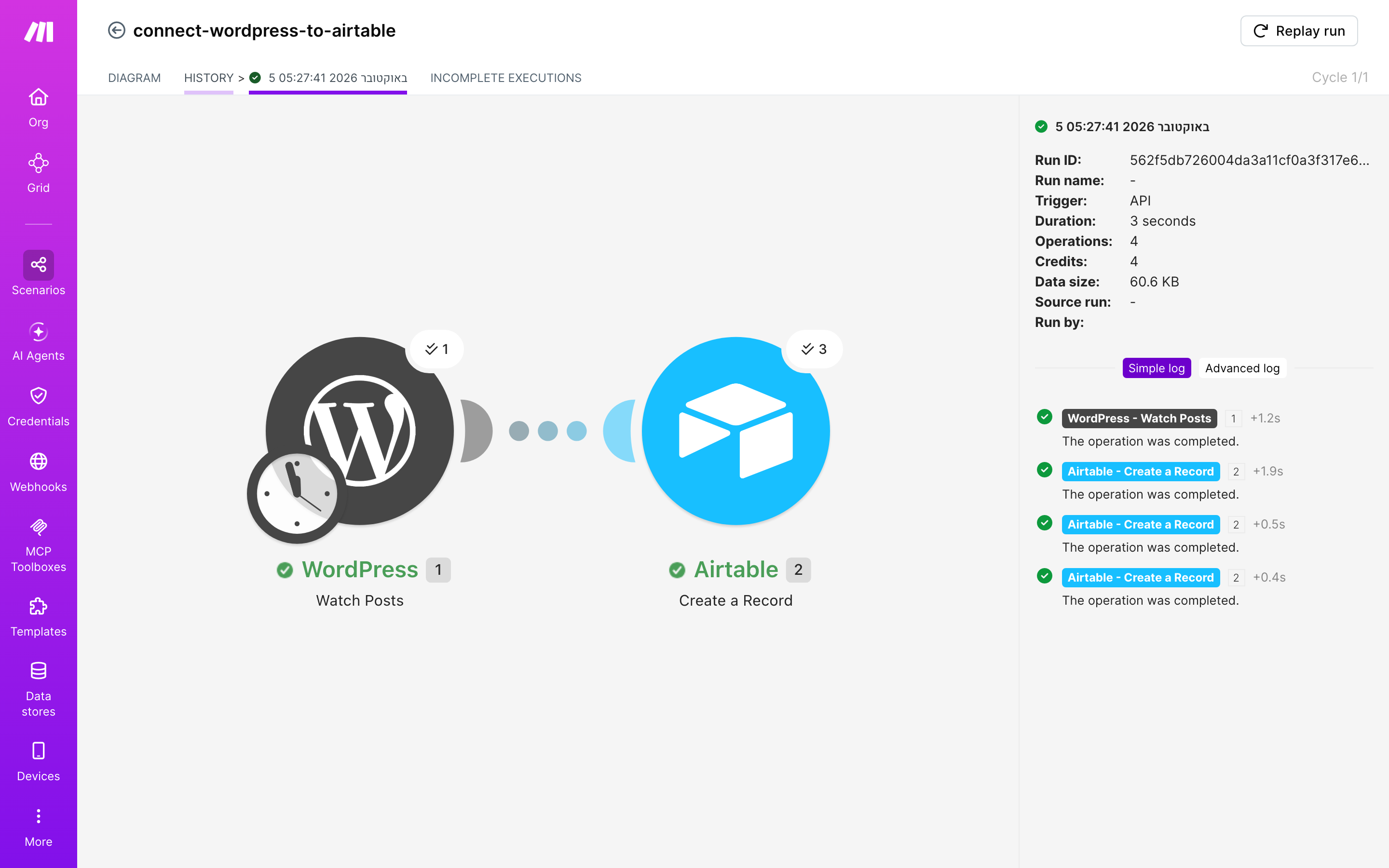 איך מחברים WordPress ל-Airtable — פוסט חדש באתר → נוצרה רשומה 5 היסטוריית-הריצות: ריצה ירוקה, 4 פעולות, 5.10.2026