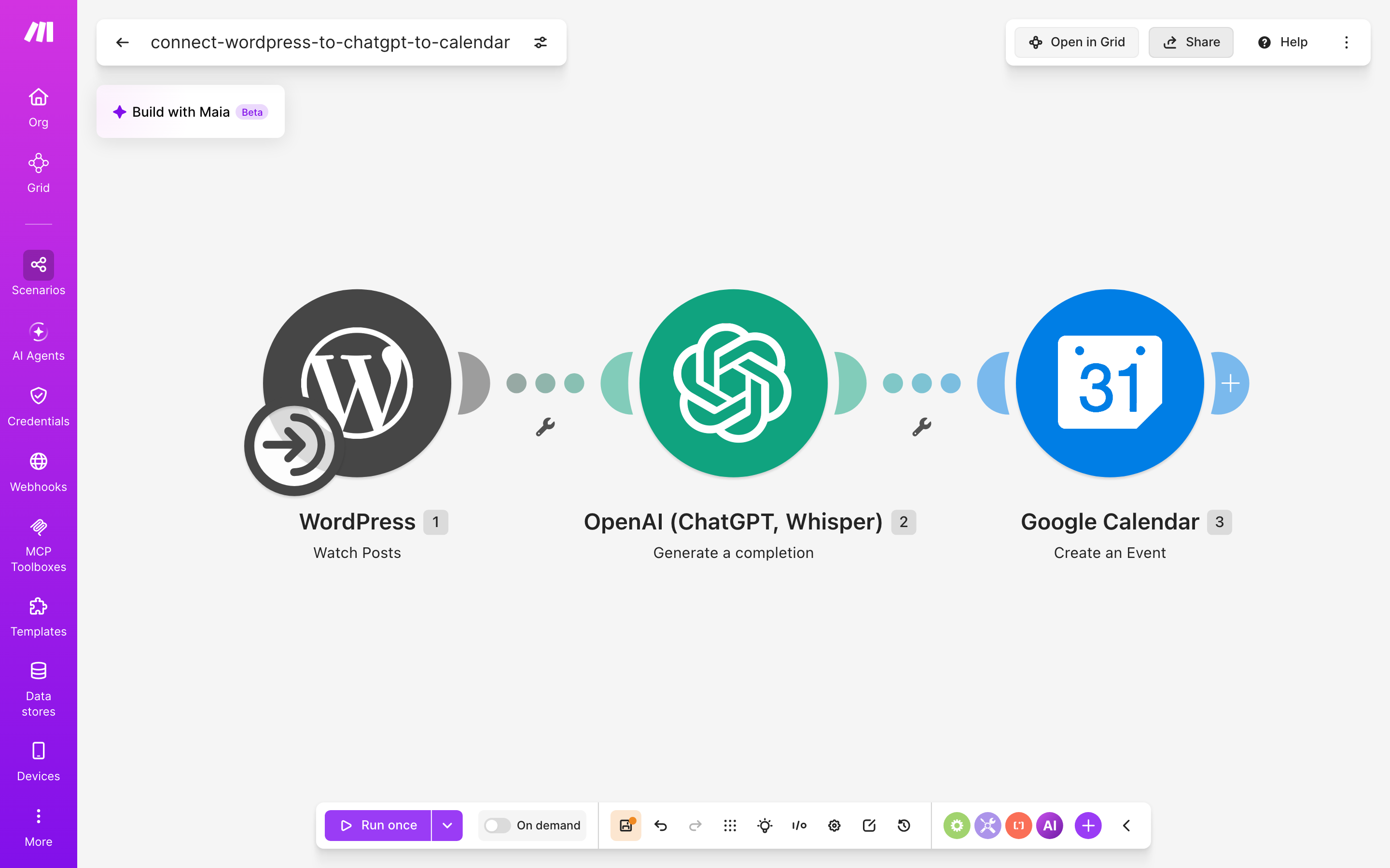 עורך התרחיש — WordPress (Watch Posts) → ChatGPT (Generate a completion) → Google Calendar (Create an Event)