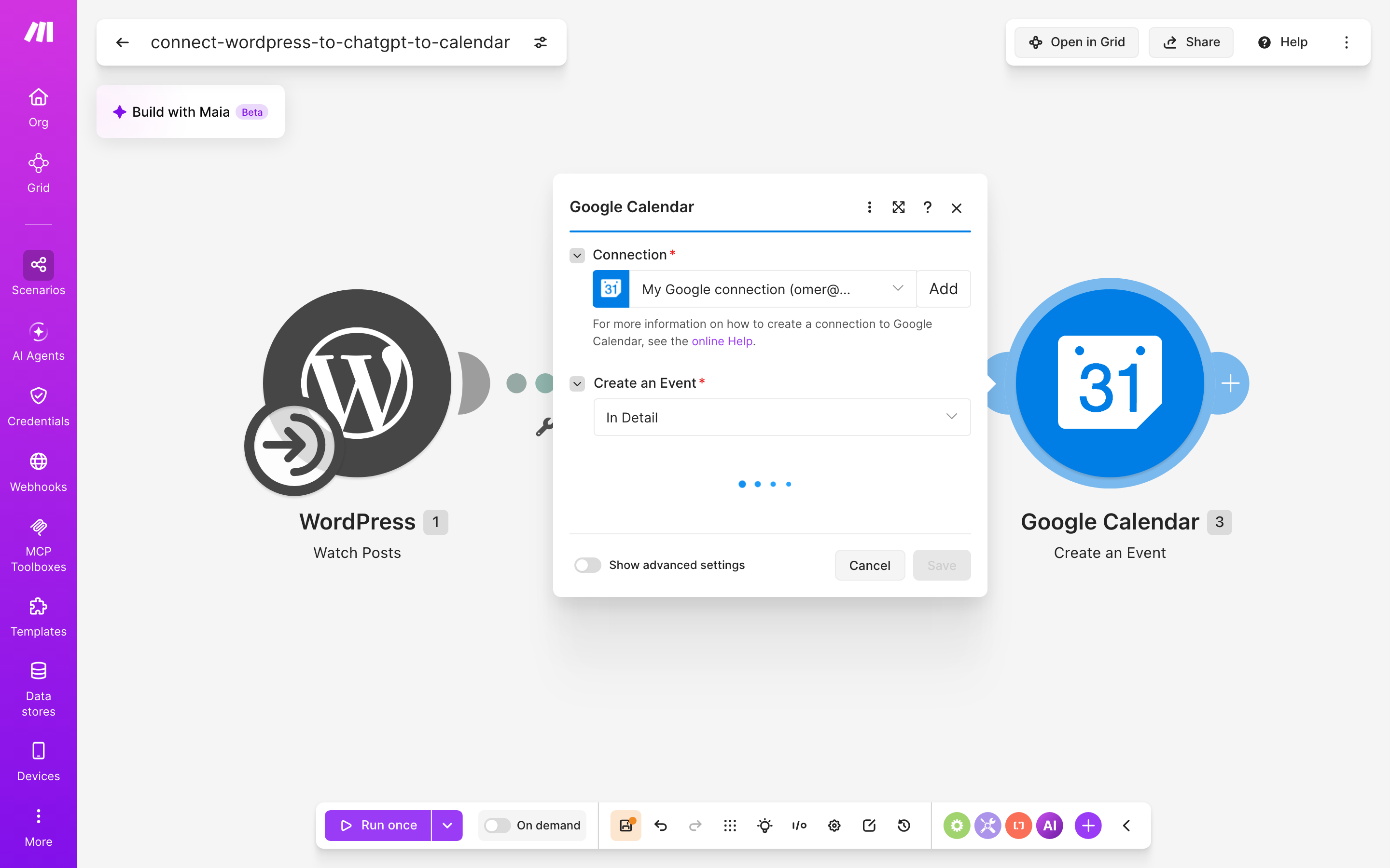 איך מחברים WordPress ל-Google Calendar — פוסט חדש באתר → ChatGPT מנסח בעברית → נוצר אירוע ביומן 5 הגדרות המודול Google Calendar — Create an Event