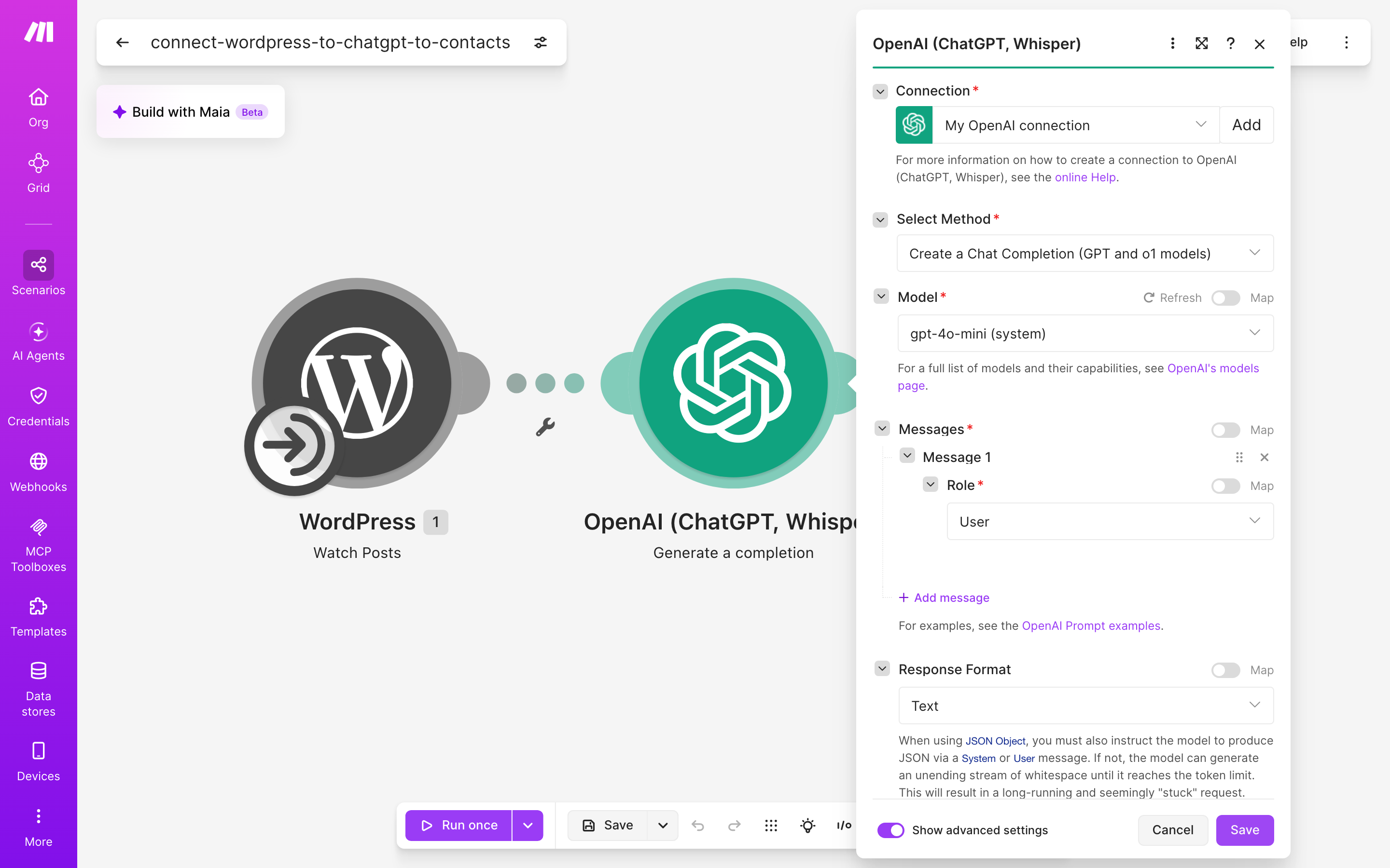 איך מחברים WordPress ל-contacts — פוסט חדש באתר → ChatGPT מנסח בעברית → נוצר איש-קשר 4 הגדרות המודול ChatGPT — Generate a completion