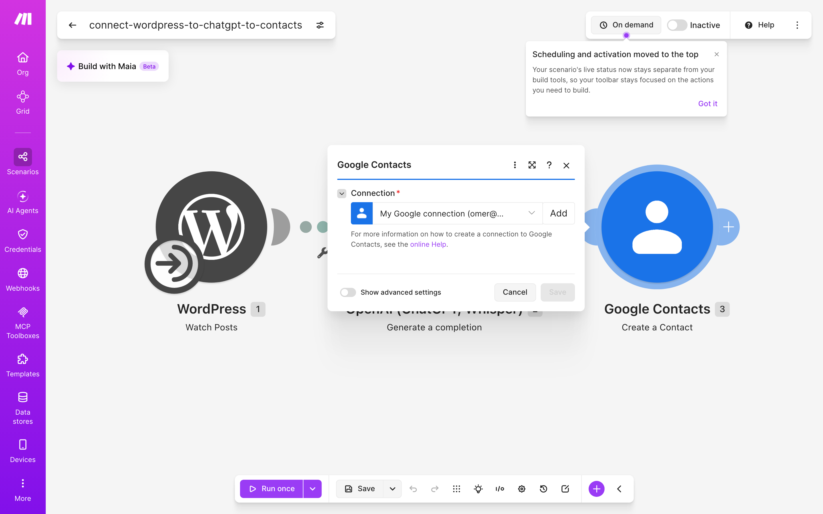 איך מחברים WordPress ל-contacts — פוסט חדש באתר → ChatGPT מנסח בעברית → נוצר איש-קשר 5 הגדרות המודול google-contacts — Create Acontact