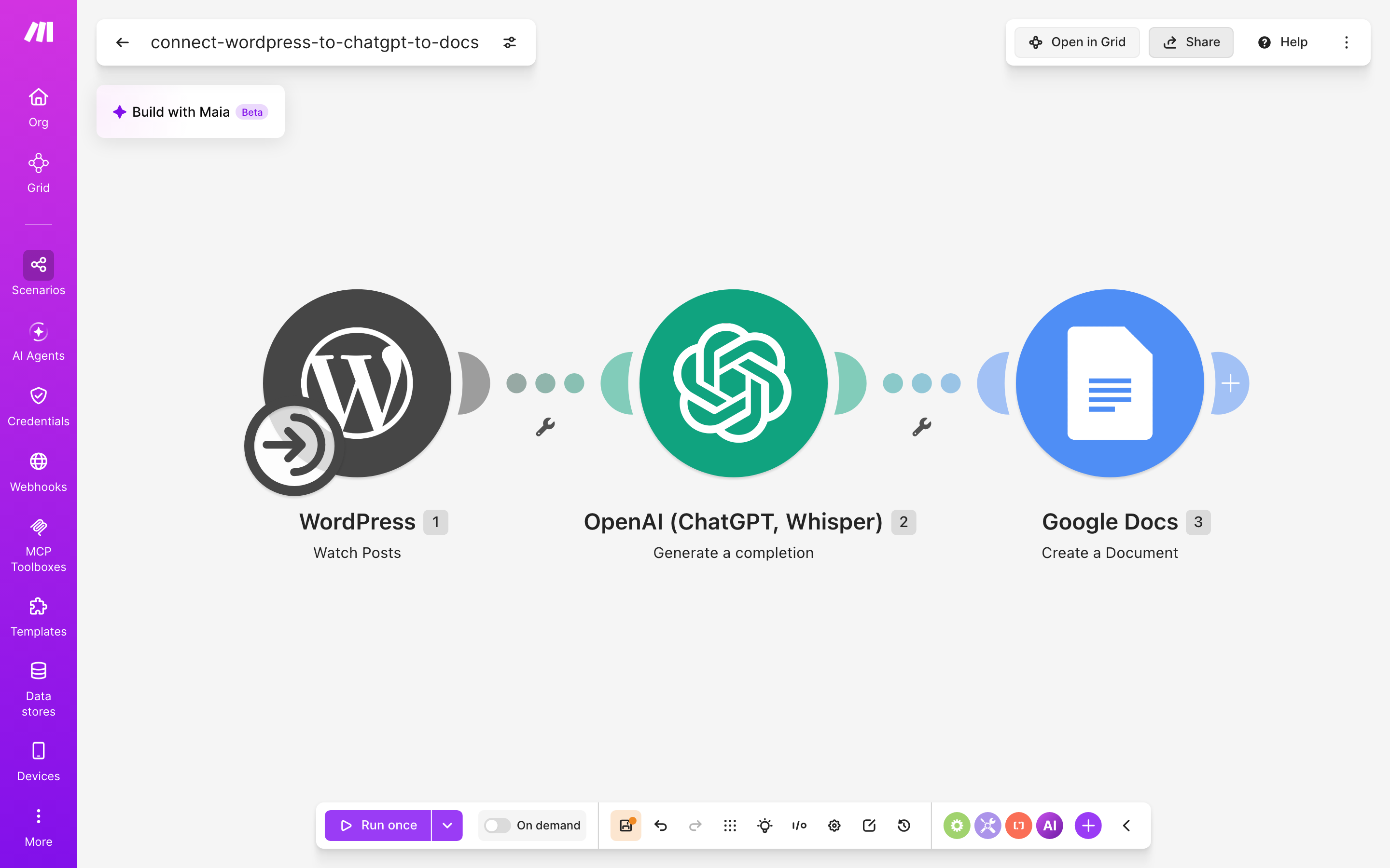 עורך התרחיש — WordPress (Watch Posts) → ChatGPT (Generate a completion) → Google Docs (Create a Document)