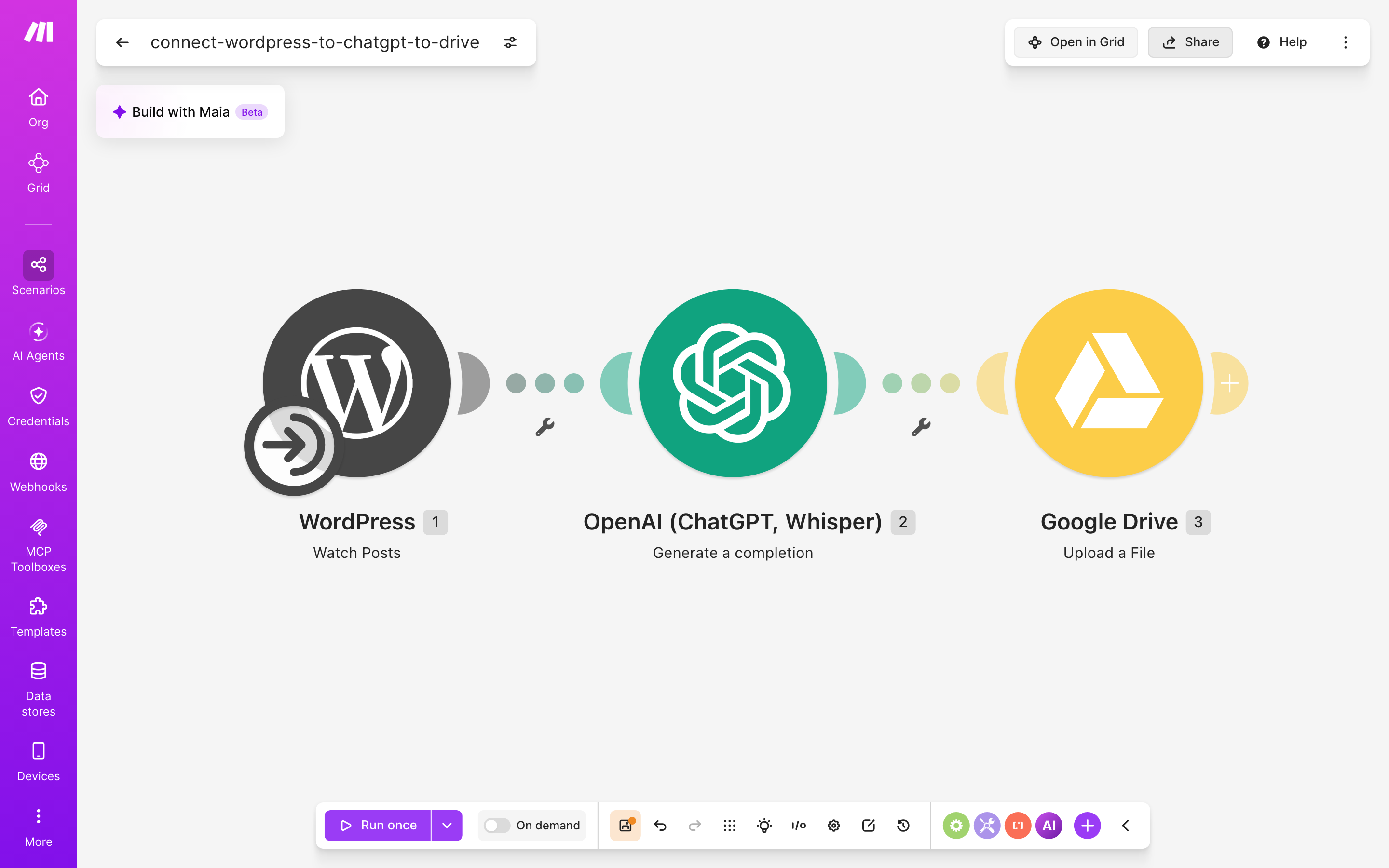 איך מחברים WordPress ל-Google Drive — פוסט חדש באתר → ChatGPT מנסח בעברית → הקובץ נשמר בתיקייה 2 עורך התרחיש — WordPress (Watch Posts) → ChatGPT (Generate a completion) → Google Drive (Upload a File)