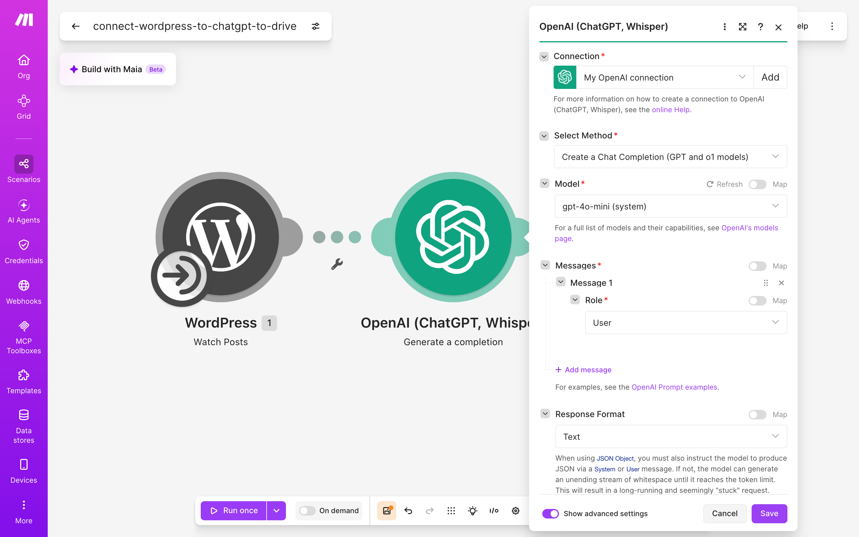 איך מחברים WordPress ל-Google Drive — פוסט חדש באתר → ChatGPT מנסח בעברית → הקובץ נשמר בתיקייה 4 הגדרות המודול ChatGPT — Generate a completion