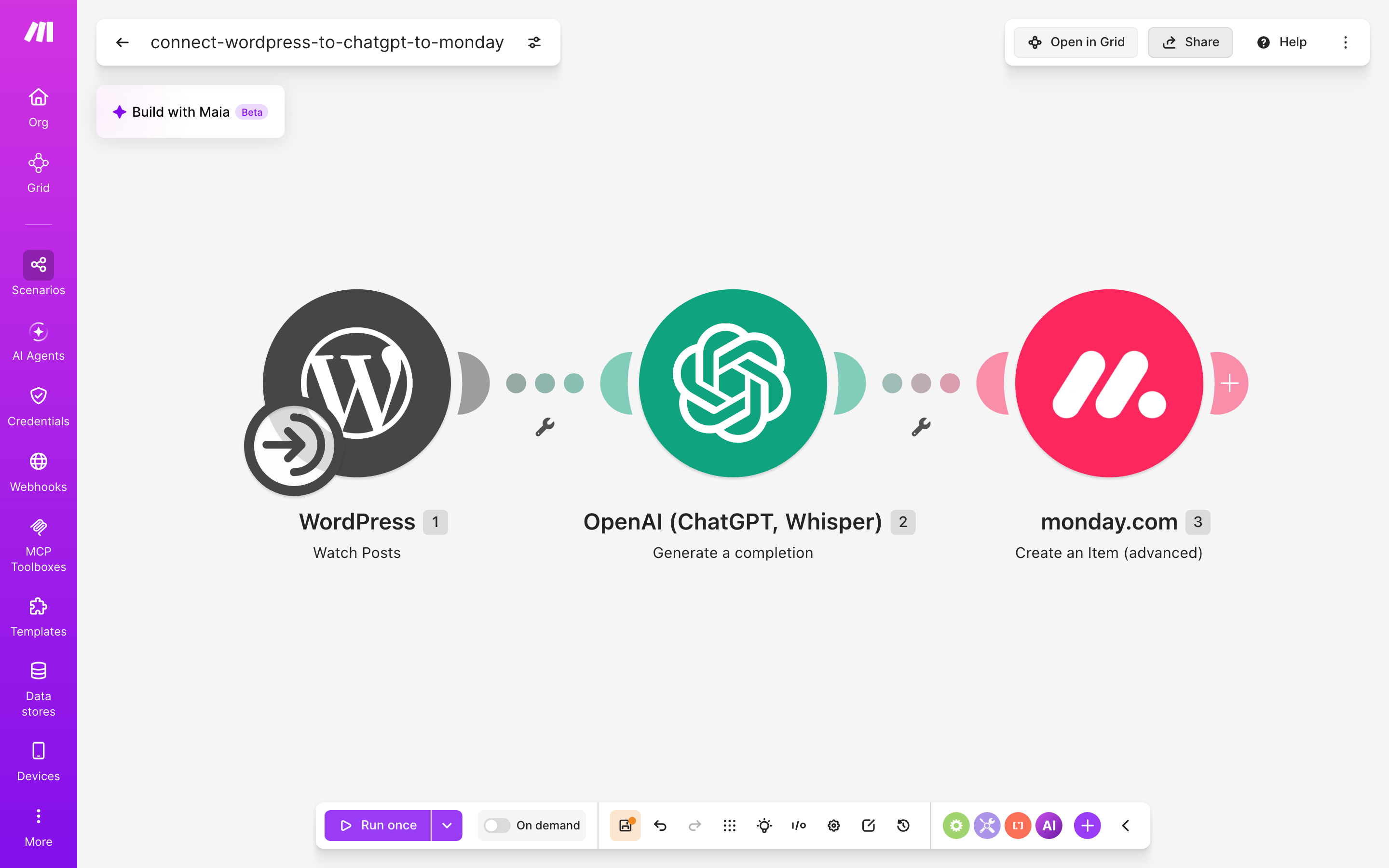 איך מחברים WordPress ל-monday.com — פוסט חדש באתר → ChatGPT מנסח בעברית → נוצר פריט בלוח 2 עורך התרחיש — WordPress (Watch Posts) → ChatGPT (Generate a completion) → monday.com (Create an Item (advanced))