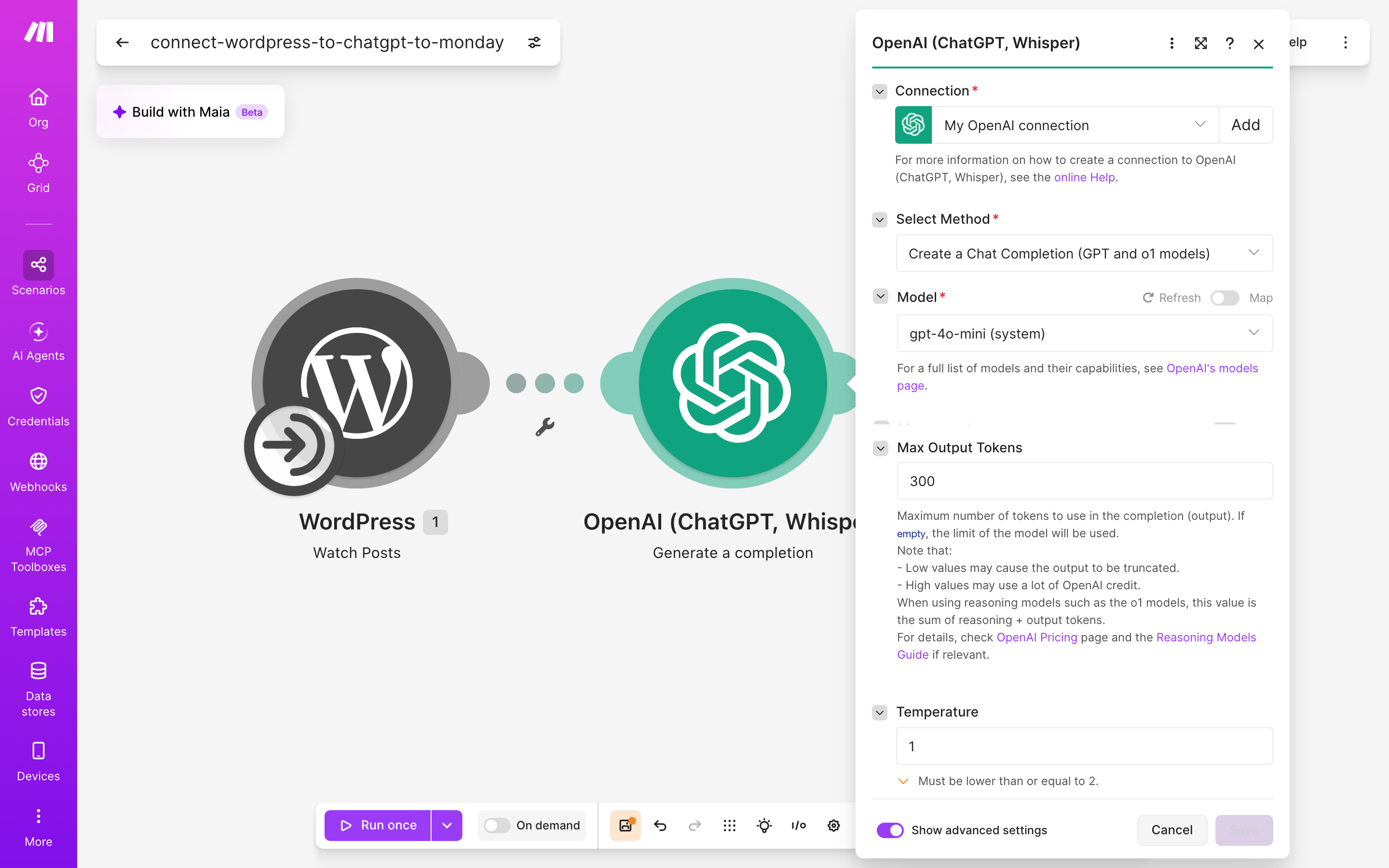 איך מחברים WordPress ל-monday.com — פוסט חדש באתר → ChatGPT מנסח בעברית → נוצר פריט בלוח 4 הגדרות המודול ChatGPT — Generate a completion